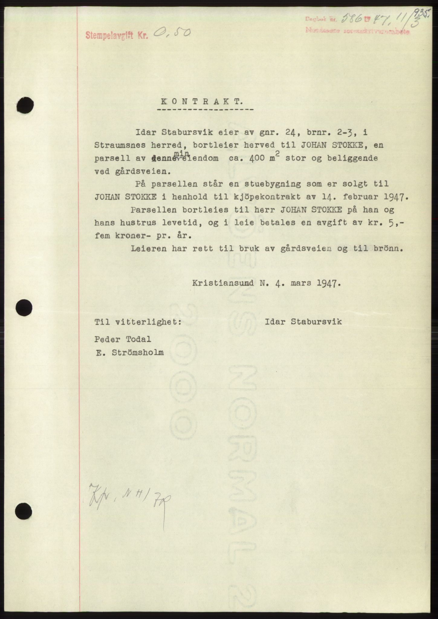 Nordmøre sorenskriveri, SAT/A-4132/1/2/2Ca: Pantebok nr. B95, 1946-1947, Dagboknr: 586/1947