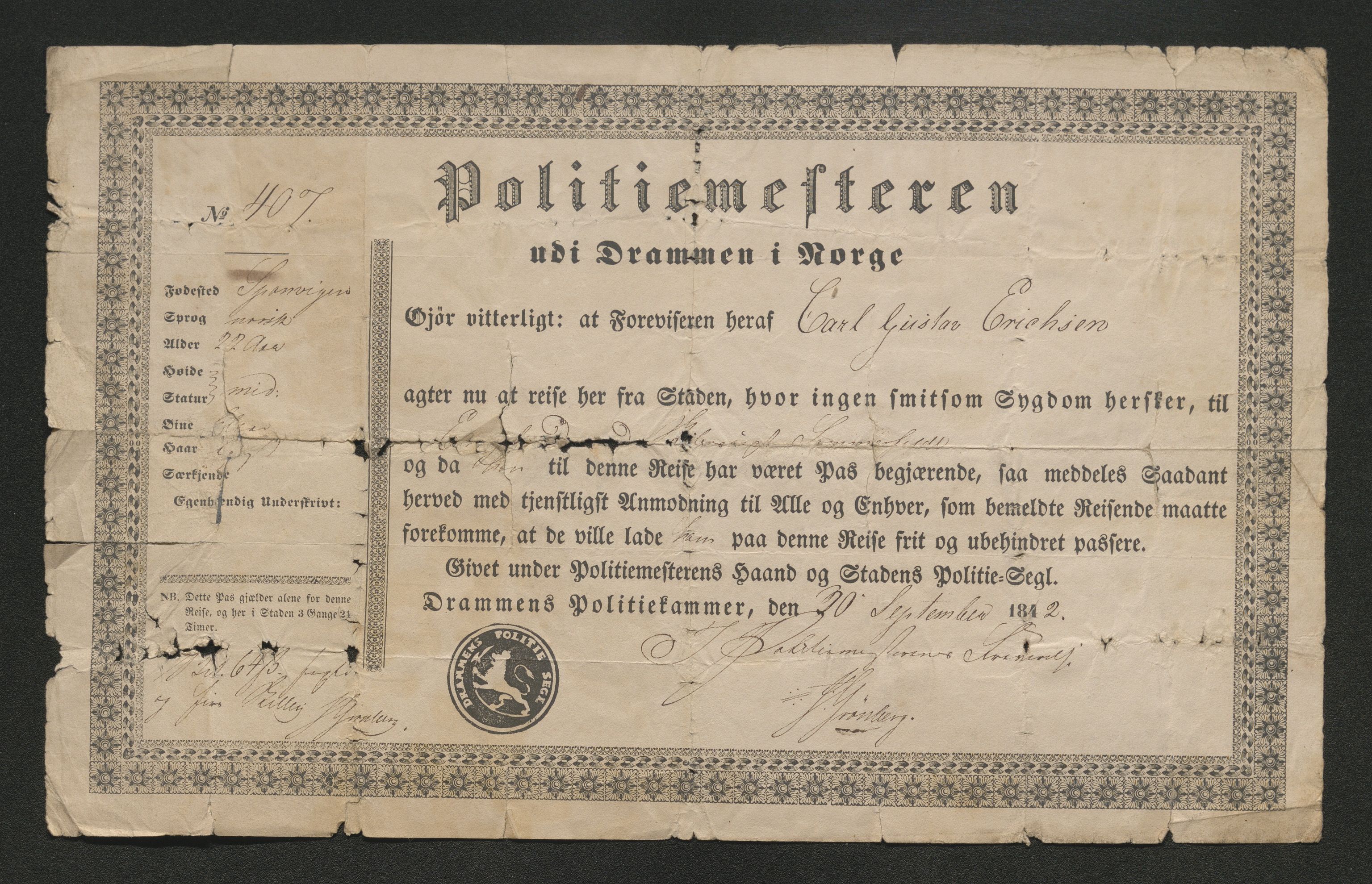 Drammen politikammer, AV/SAKO-A-623/I/Ia/Iab/L0007: Innleverte pass, 1843-1844, s. 133