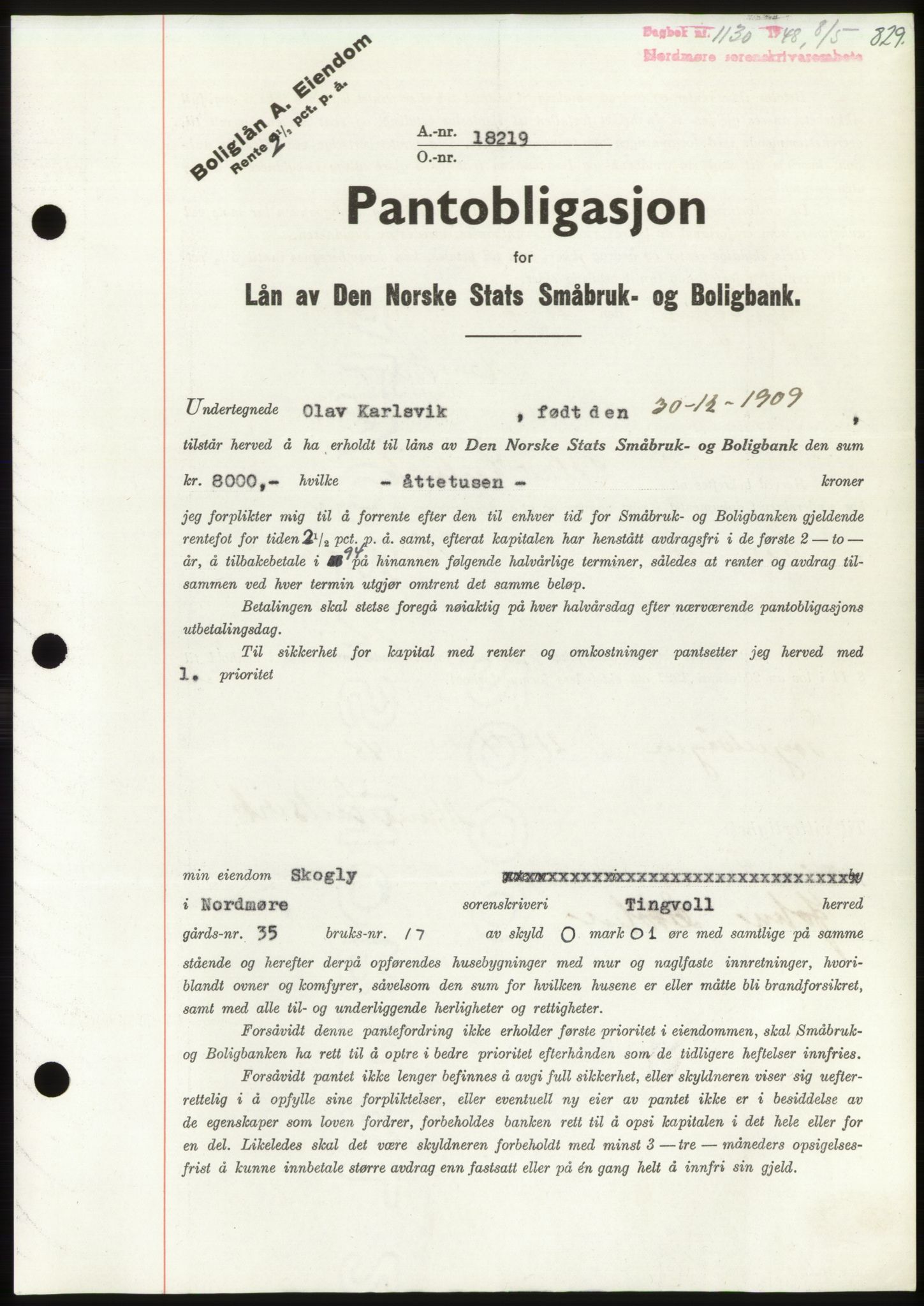 Nordmøre sorenskriveri, SAT/A-4132/1/2/2Ca: Pantebok nr. B98, 1948-1948, Dagboknr: 1130/1948