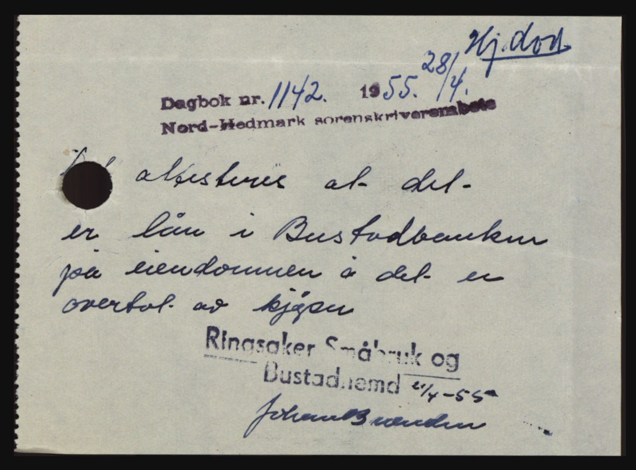 Nord-Hedmark sorenskriveri, SAH/TING-012/H/Hc/L0010: Pantebok nr. 10, 1955-1956, Dagboknr: 1142/1955