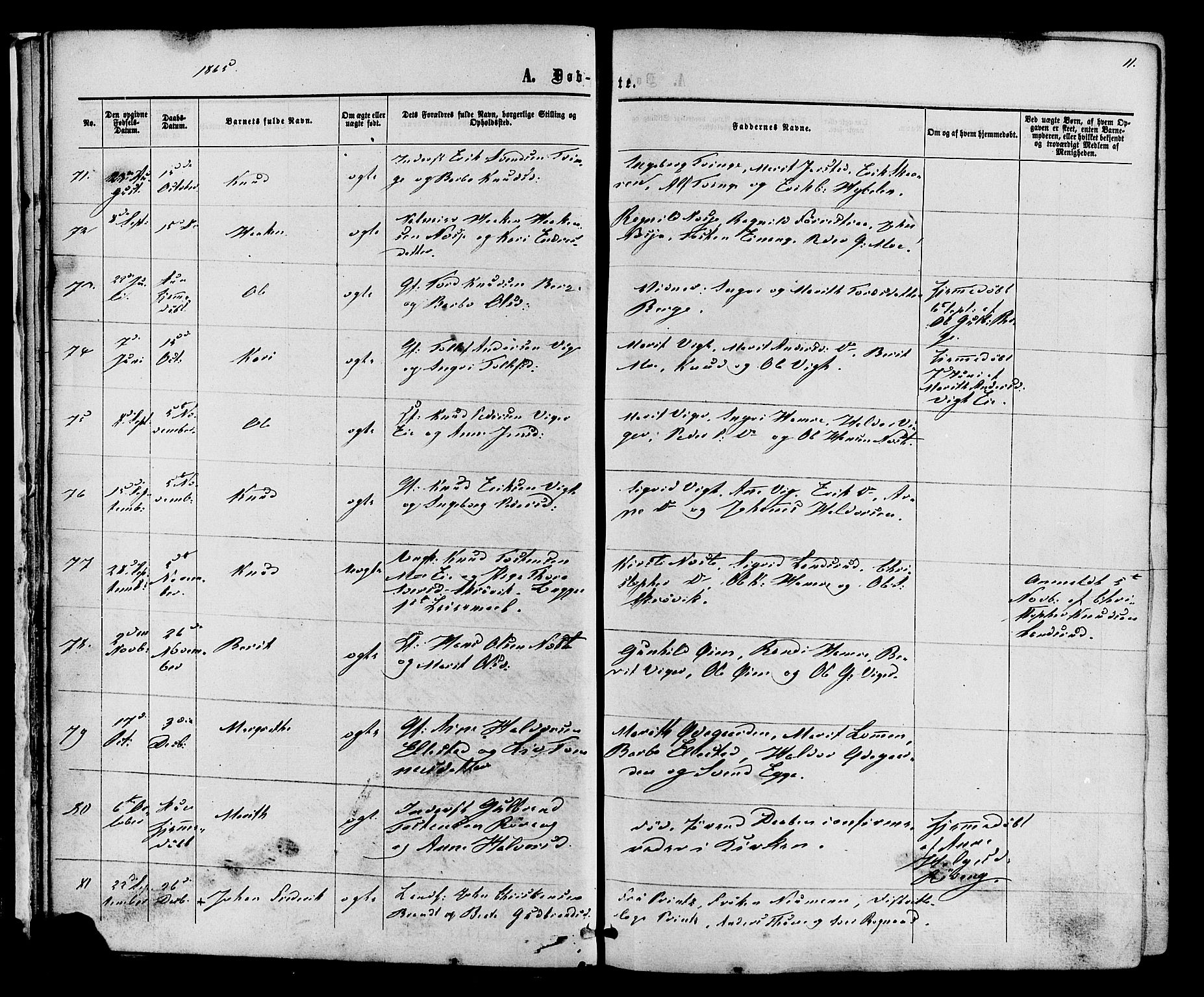 Vestre Slidre prestekontor, AV/SAH-PREST-136/H/Ha/Haa/L0003: Ministerialbok nr. 3, 1865-1880, s. 11