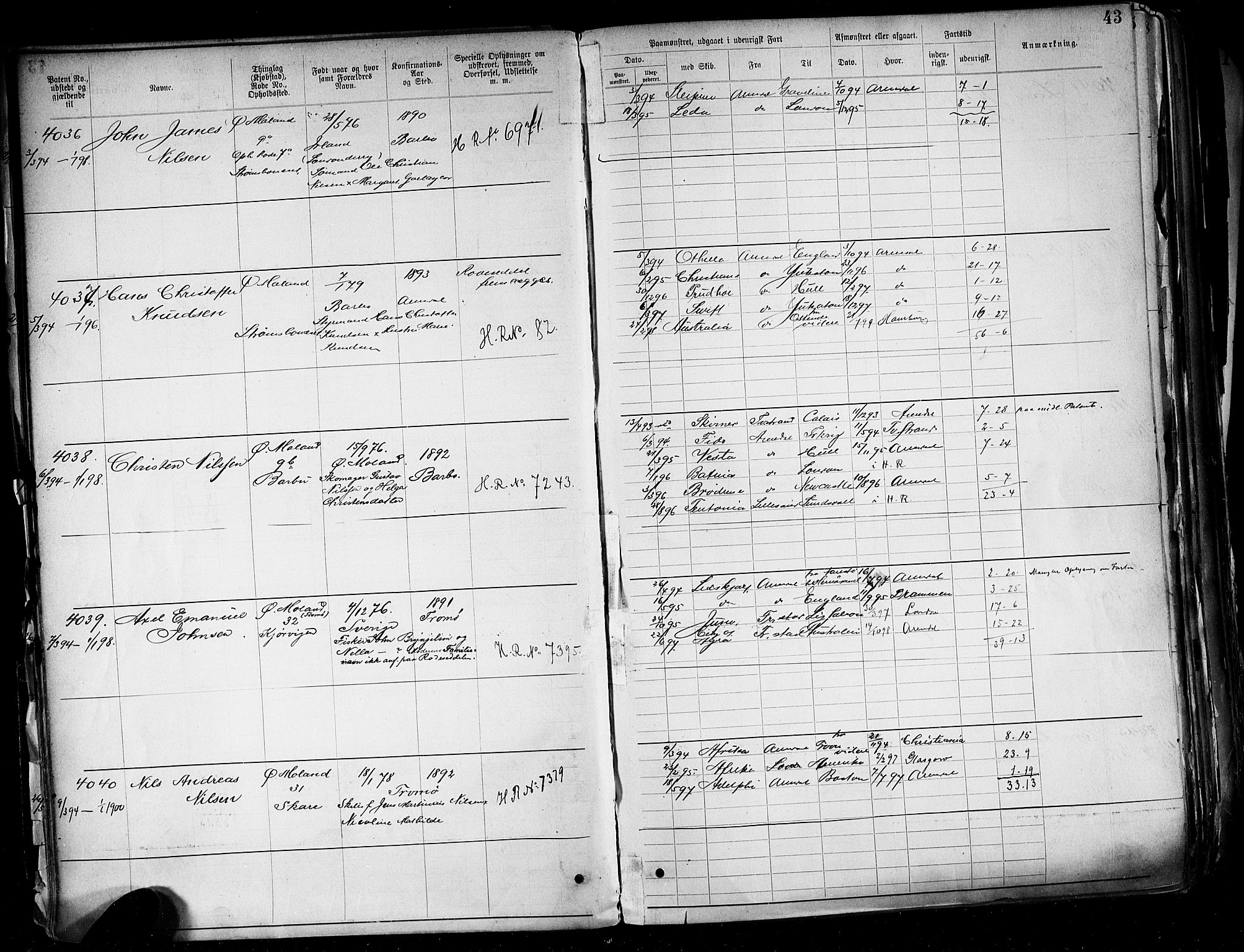 Arendal mønstringskrets, AV/SAK-2031-0012/F/Fa/L0004: Annotasjonsrulle nr 3828-4715 og nr 1-1296, S-4, 1892-1918, s. 47