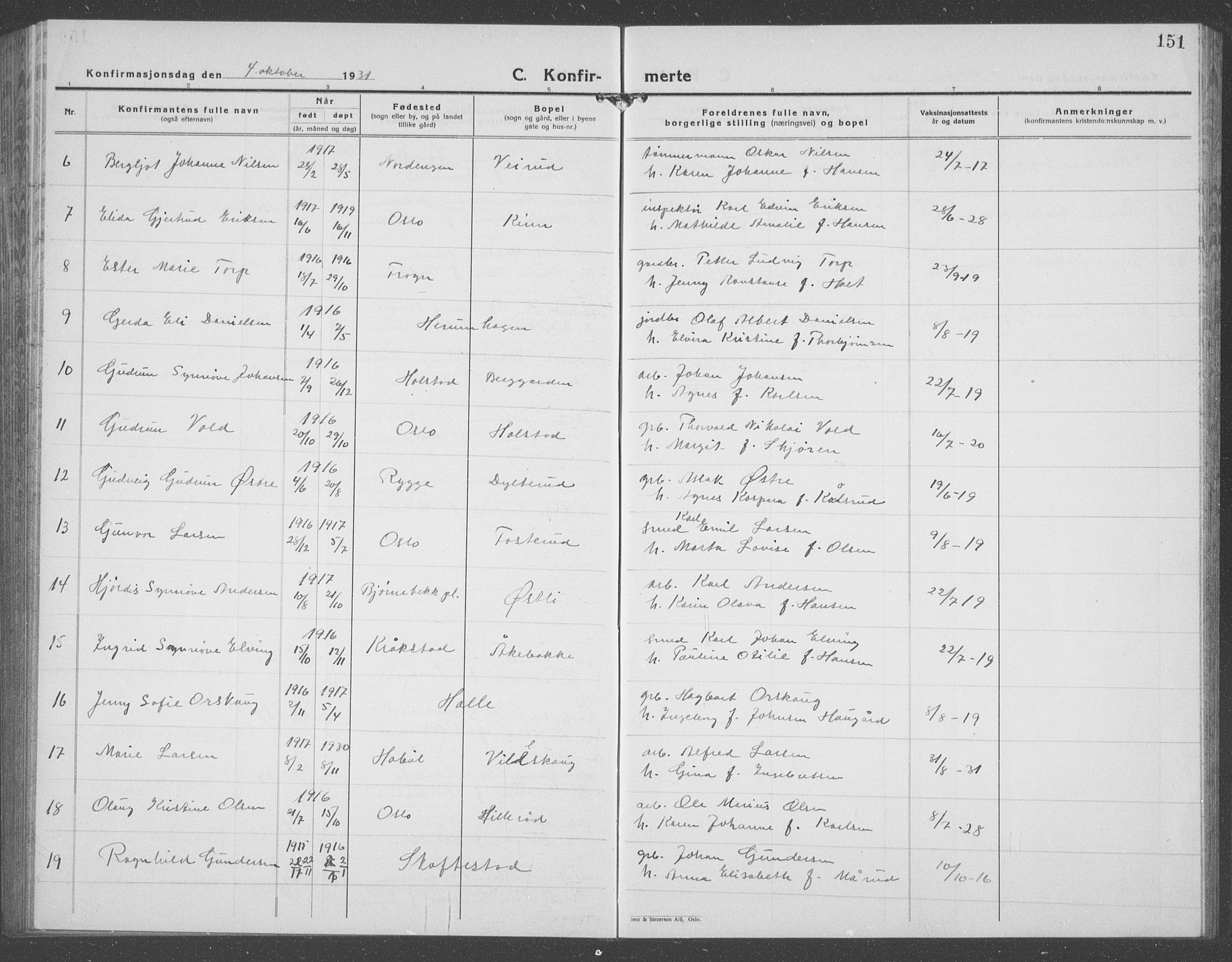 Ås prestekontor Kirkebøker, AV/SAO-A-10894/G/Ga/L0006: Klokkerbok nr. I 6, 1925-1940, s. 151