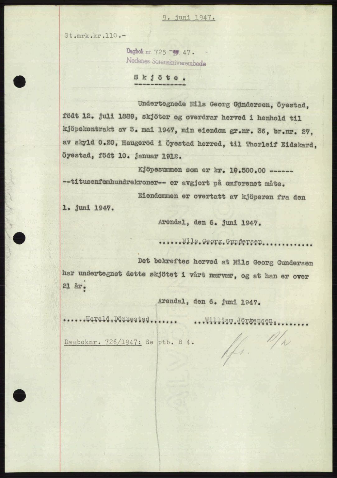 Nedenes sorenskriveri, AV/SAK-1221-0006/G/Gb/Gba/L0057: Pantebok nr. A9, 1947-1947, Dagboknr: 725/1947