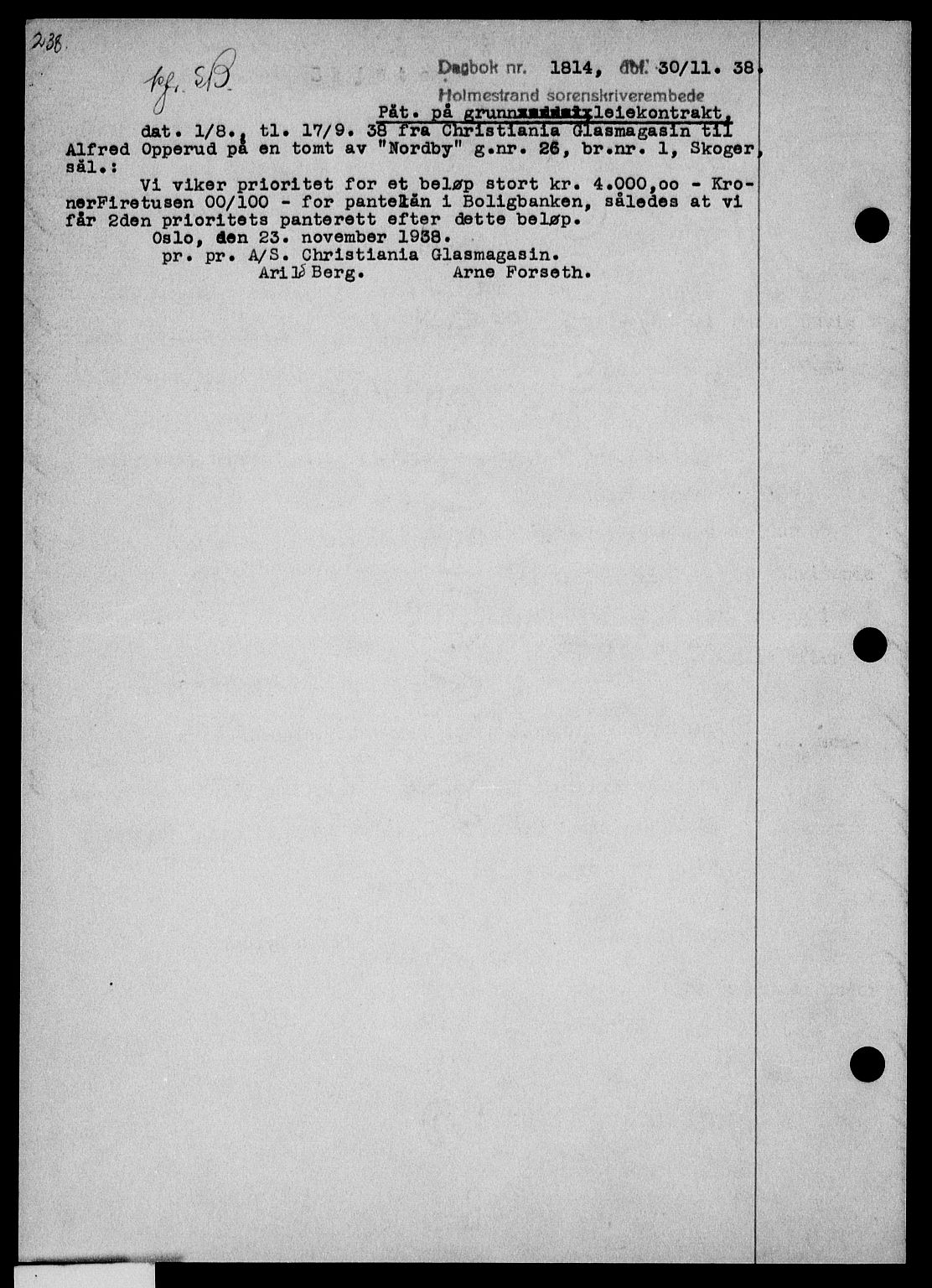Holmestrand sorenskriveri, SAKO/A-67/G/Ga/Gaa/L0050: Pantebok nr. A-50, 1938-1939, Dagboknr: 1814/1938
