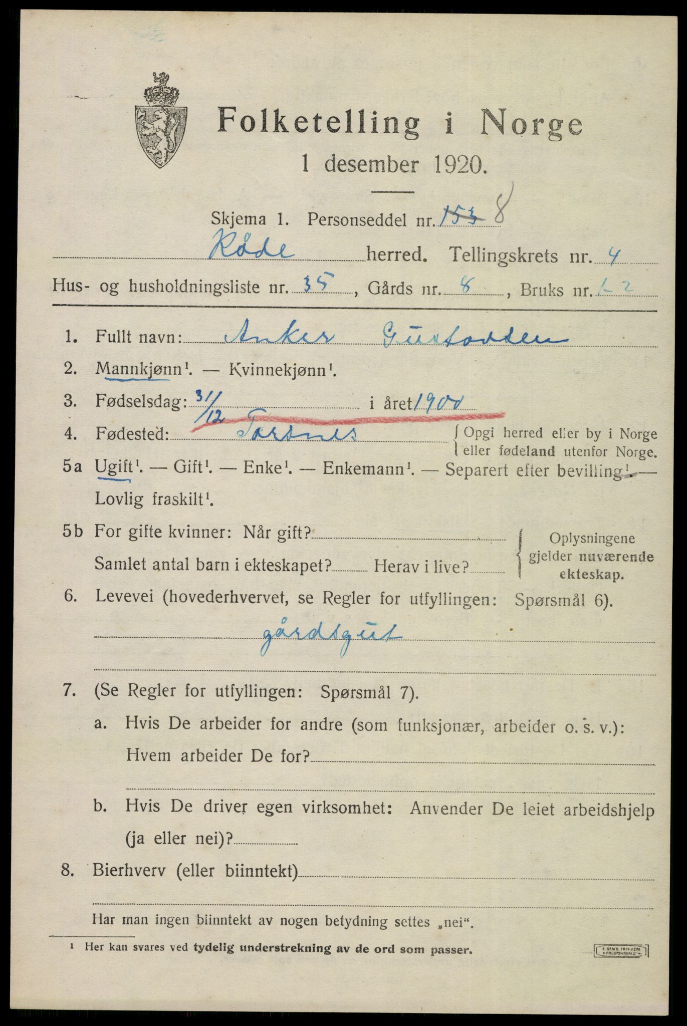 SAO, Folketelling 1920 for 0135 Råde herred, 1920, s. 4347