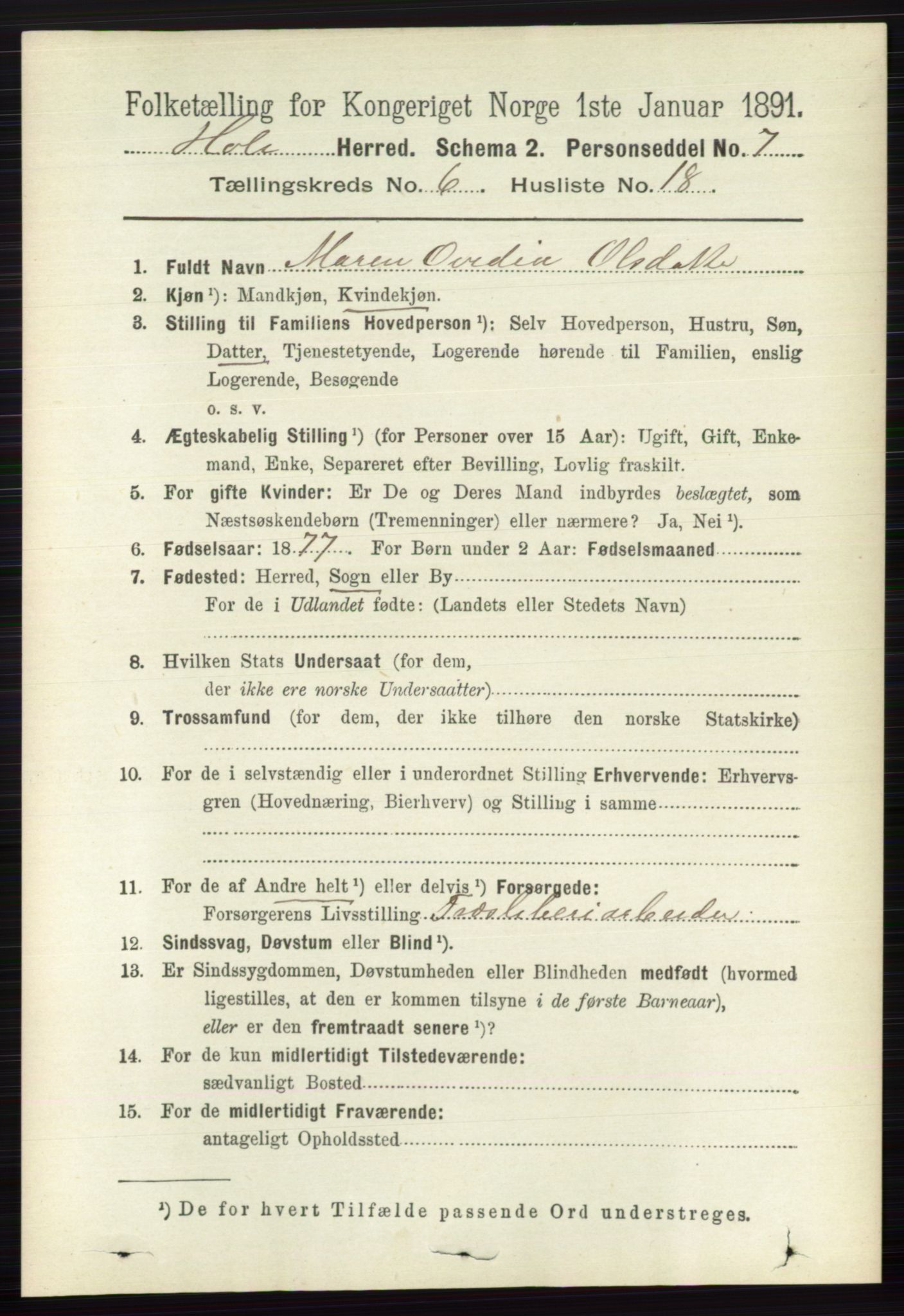 RA, Folketelling 1891 for 0612 Hole herred, 1891, s. 3228