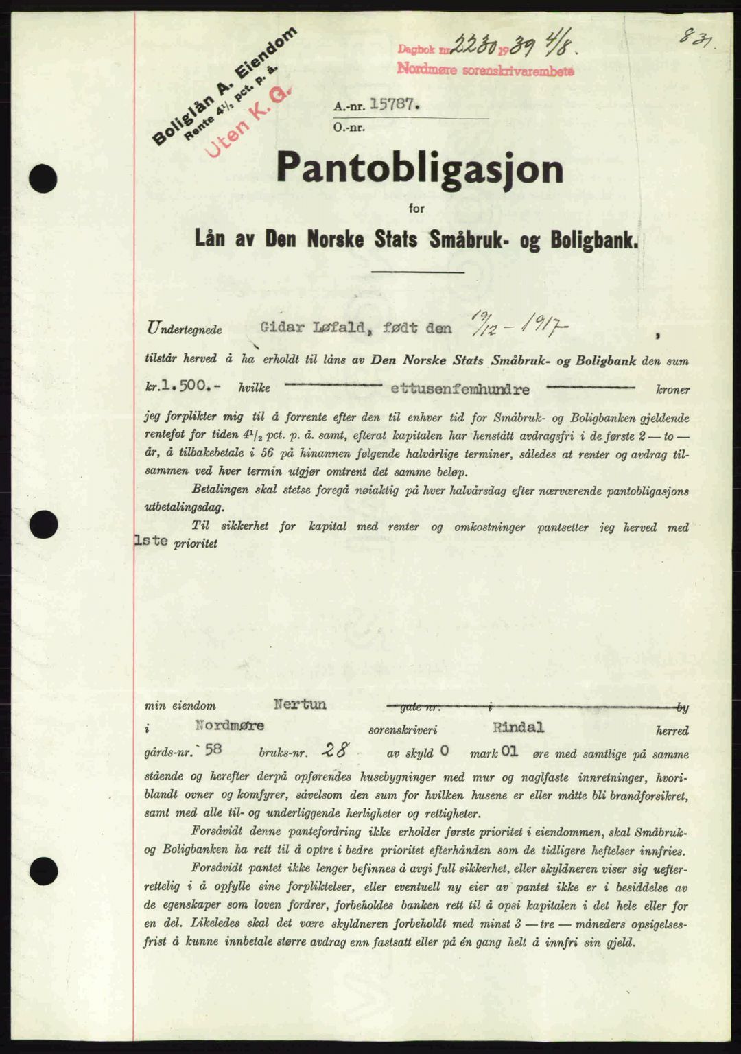 Nordmøre sorenskriveri, AV/SAT-A-4132/1/2/2Ca: Pantebok nr. B85, 1939-1939, Dagboknr: 2230/1939