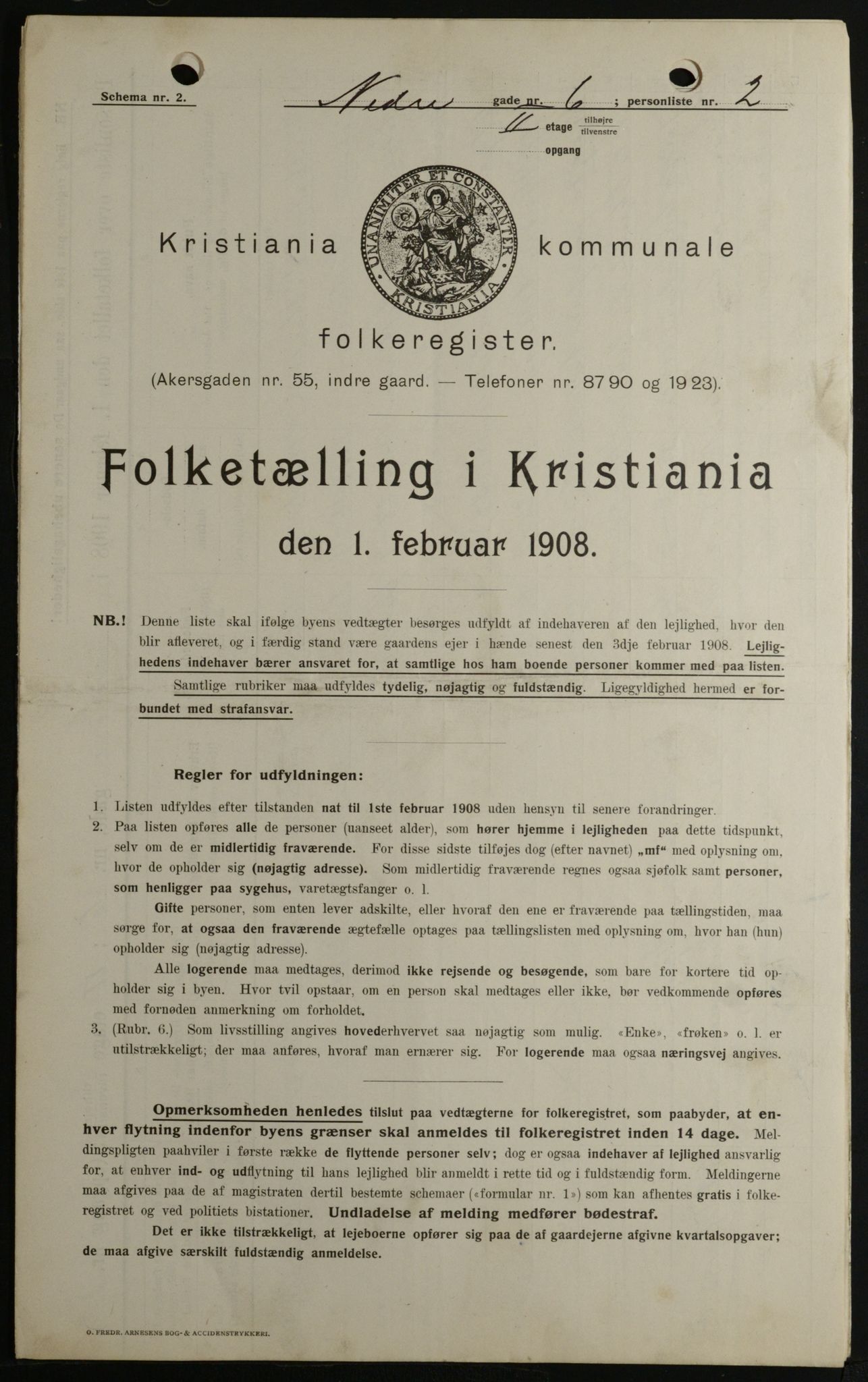 OBA, Kommunal folketelling 1.2.1908 for Kristiania kjøpstad, 1908, s. 62002