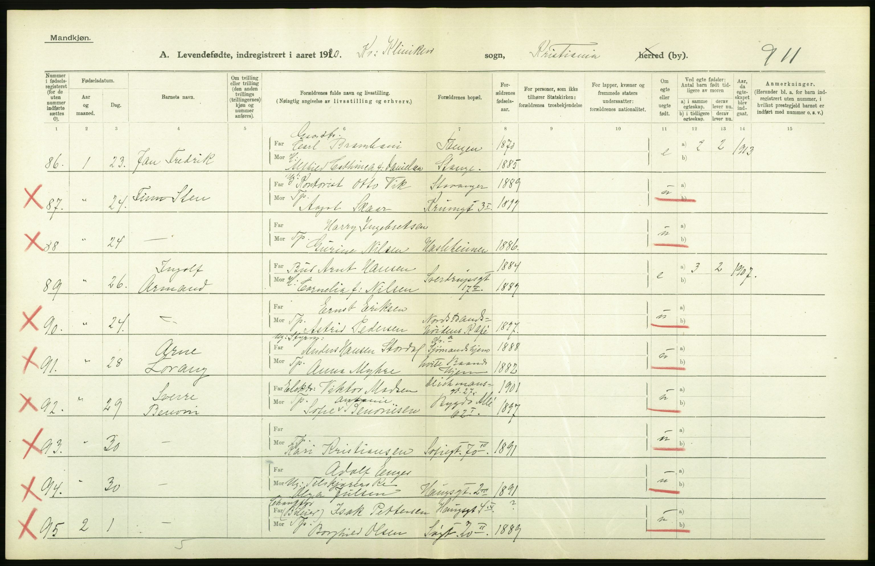 Statistisk sentralbyrå, Sosiodemografiske emner, Befolkning, AV/RA-S-2228/D/Df/Dfb/Dfbj/L0008: Kristiania: Levendefødte menn og kvinner., 1920, s. 340