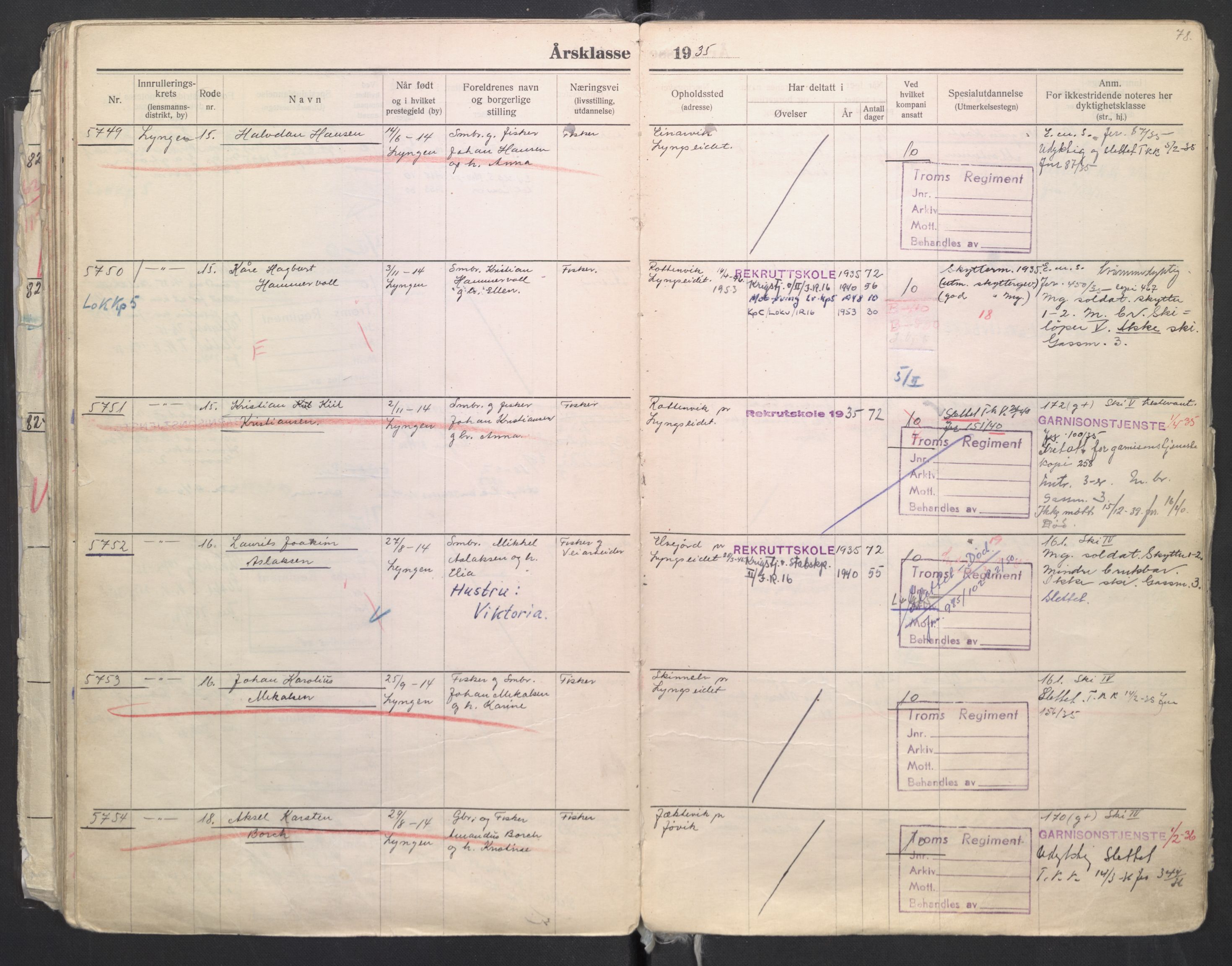 Forsvaret, Troms infanteriregiment nr. 16, AV/RA-RAFA-3146/P/Pa/L0006/0008: Ruller / Rulle for regimentets menige mannskaper, årsklasse 1935, 1935, s. 78