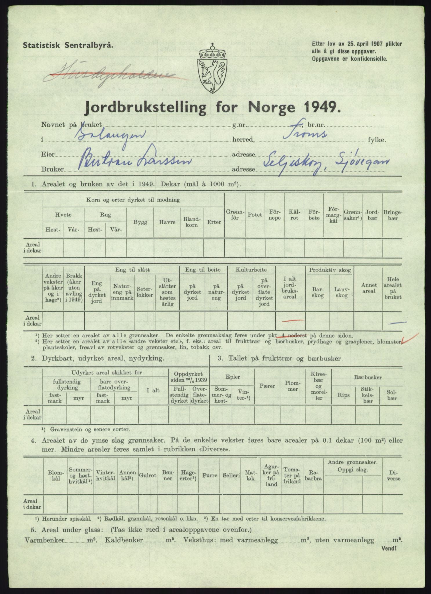 Statistisk sentralbyrå, Næringsøkonomiske emner, Jordbruk, skogbruk, jakt, fiske og fangst, AV/RA-S-2234/G/Gc/L0438: Troms: Salangen og Bardu, 1949, s. 17