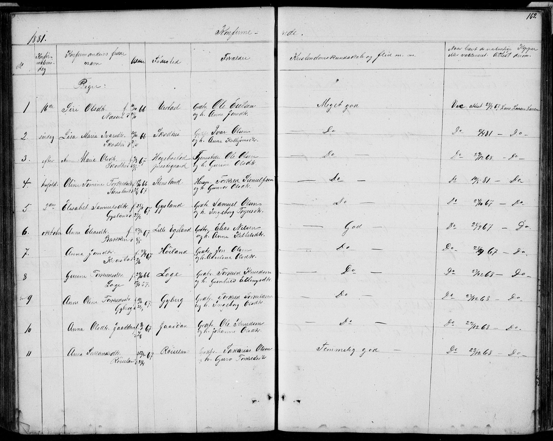 Hægebostad sokneprestkontor, SAK/1111-0024/F/Fb/Fba/L0002: Klokkerbok nr. B 2, 1851-1882, s. 162