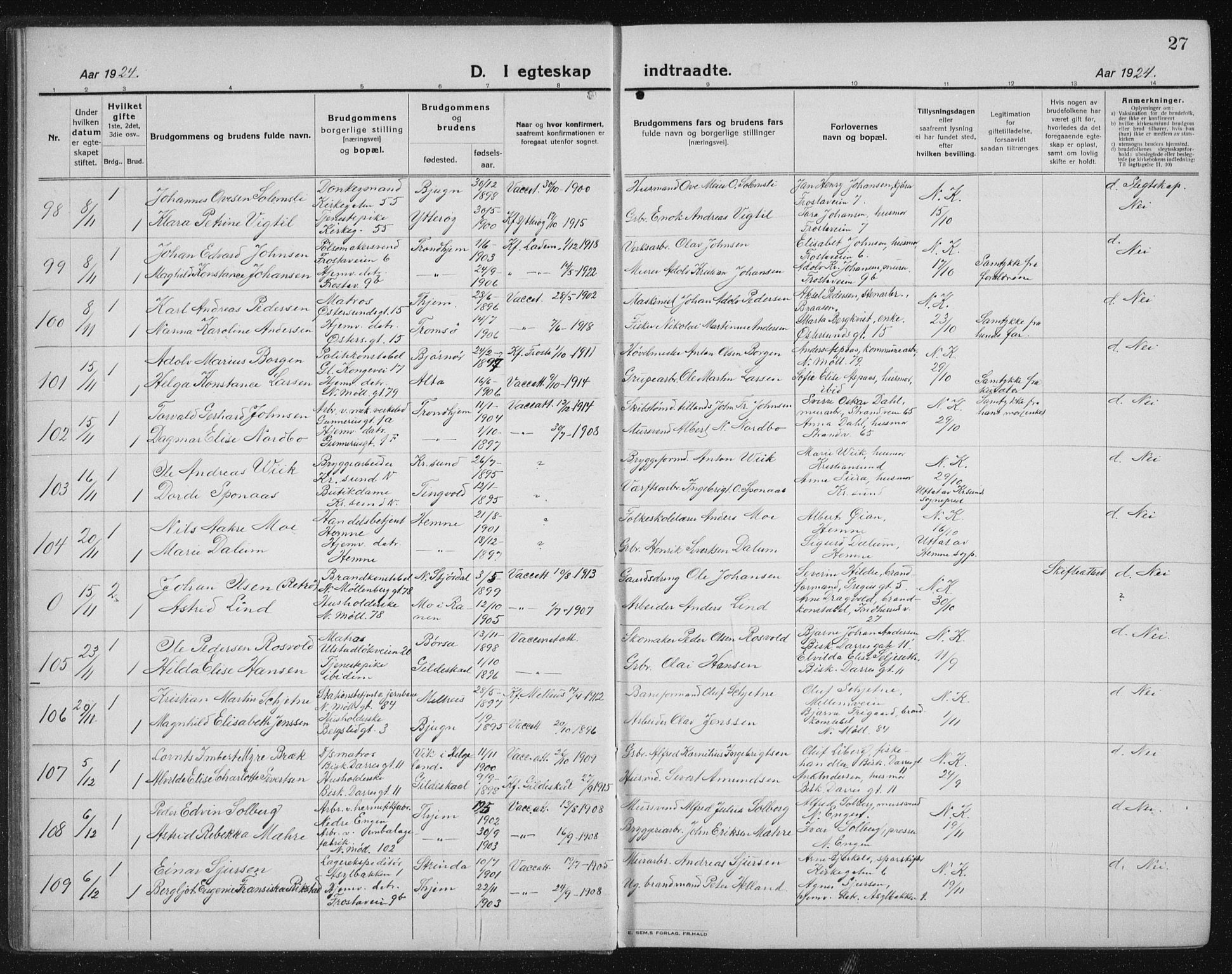 Ministerialprotokoller, klokkerbøker og fødselsregistre - Sør-Trøndelag, SAT/A-1456/605/L0260: Klokkerbok nr. 605C07, 1922-1942, s. 27