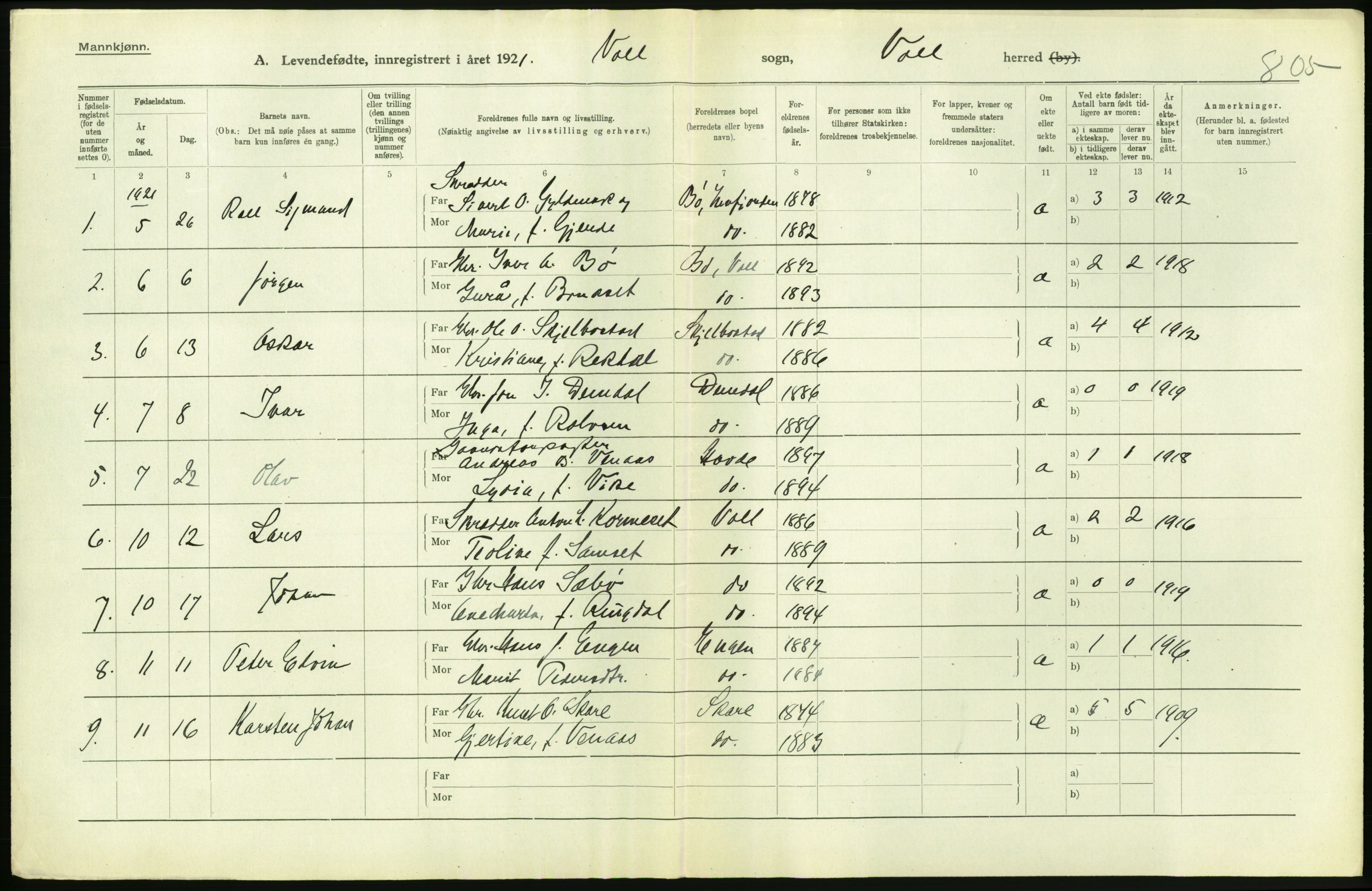 Statistisk sentralbyrå, Sosiodemografiske emner, Befolkning, RA/S-2228/D/Df/Dfc/Dfca/L0040: Møre fylke: Levendefødte menn og kvinner. Bygder., 1921, s. 342