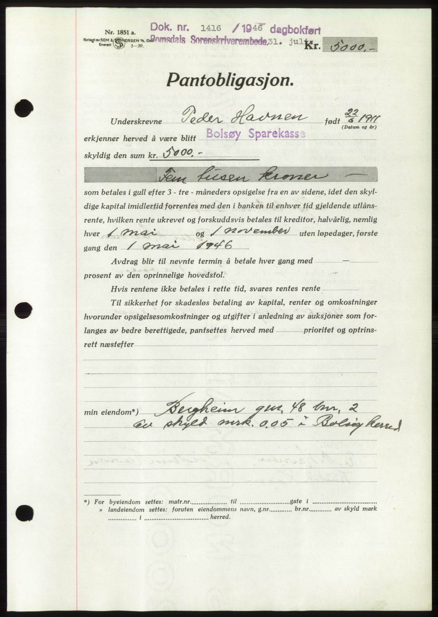 Romsdal sorenskriveri, SAT/A-4149/1/2/2C: Pantebok nr. B3, 1946-1948, Dagboknr: 1416/1946