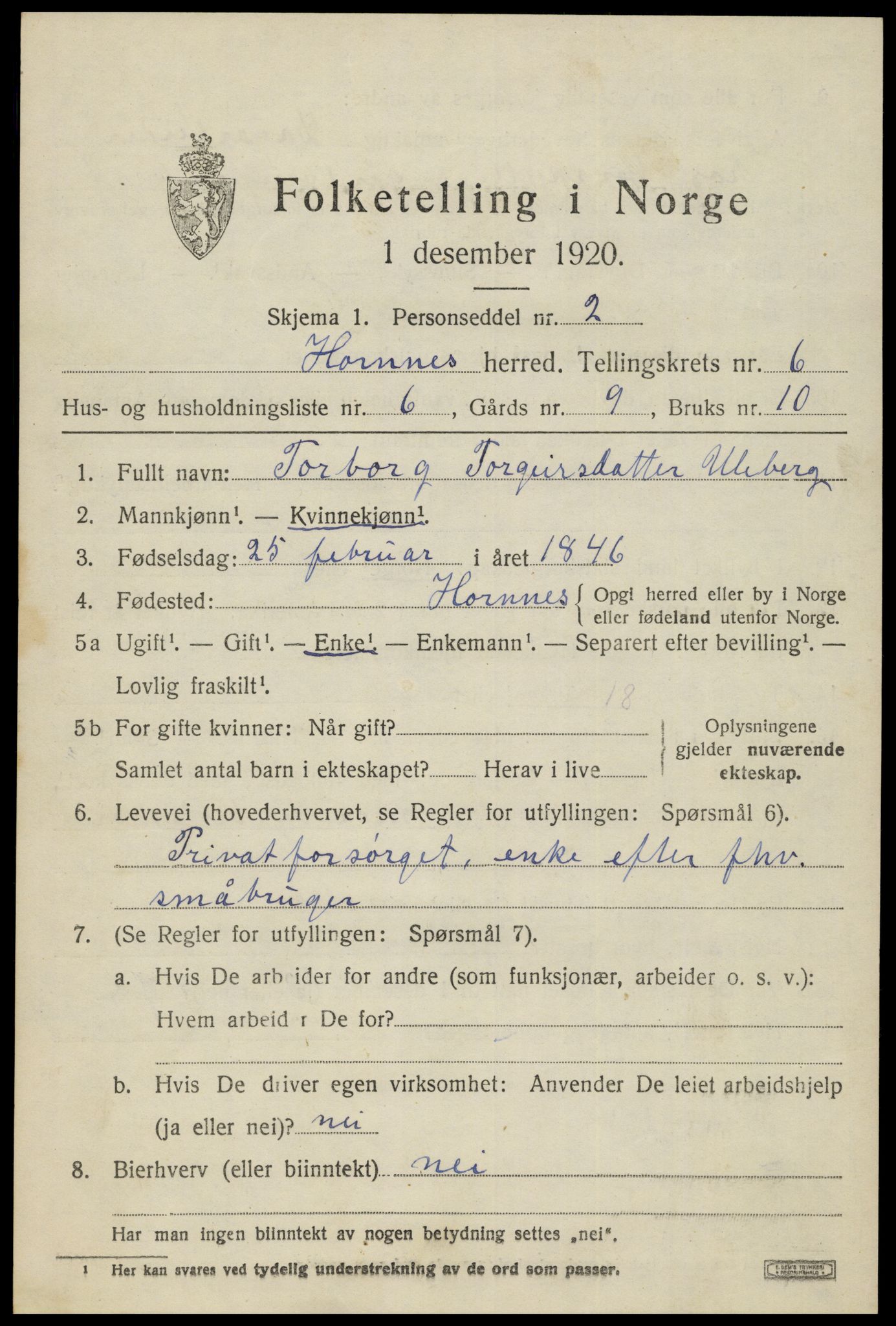 SAK, Folketelling 1920 for 0936 Hornnes herred, 1920, s. 1615