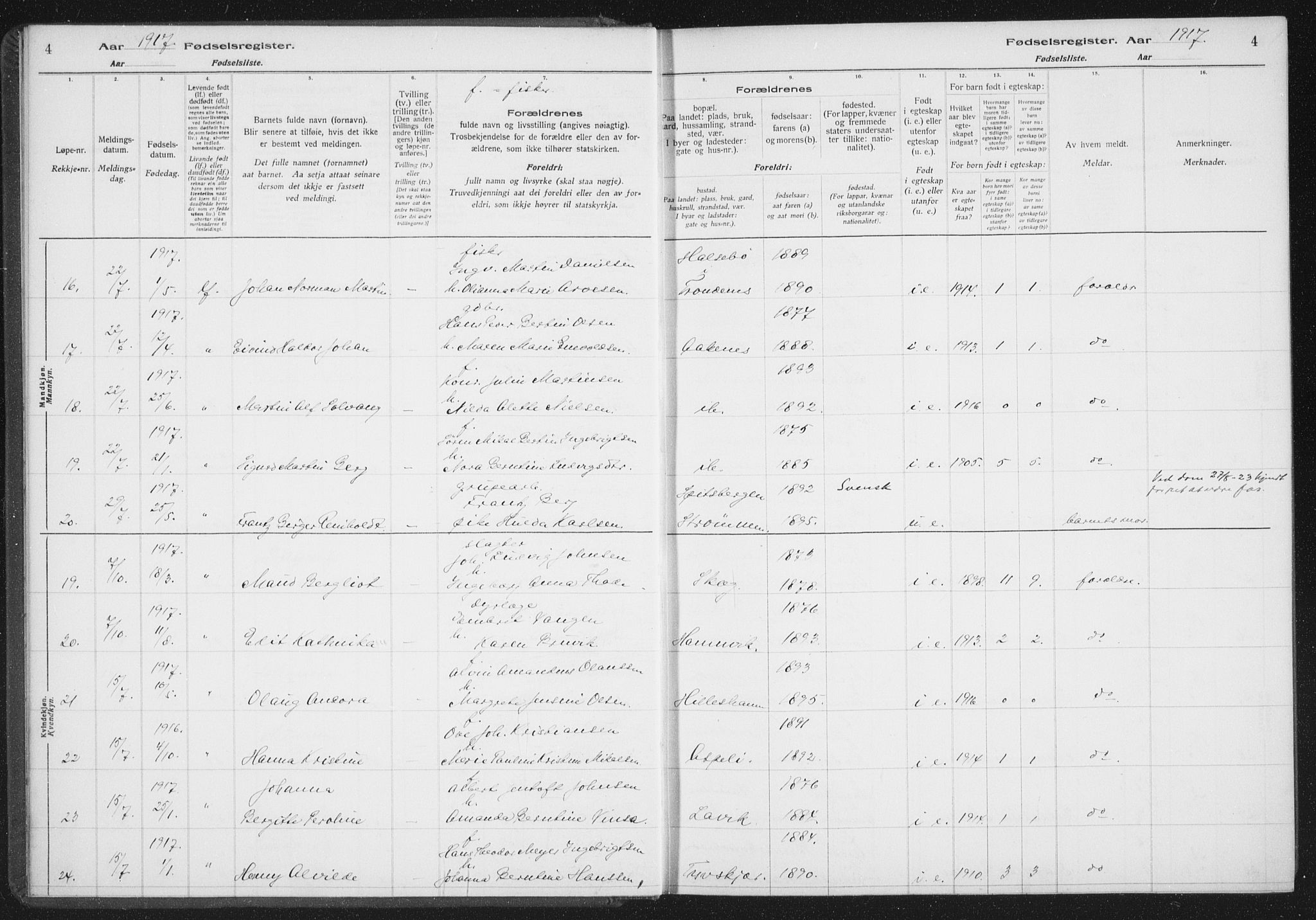 Ibestad sokneprestembete, AV/SATØ-S-0077/I/Ic/L0061: Fødselsregister nr. 61, 1917-1929, s. 4