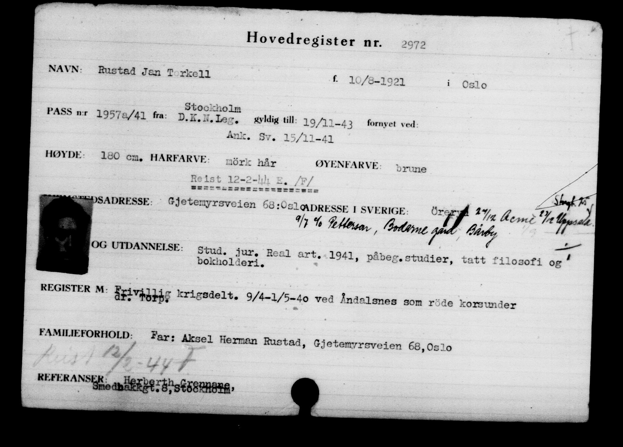 Utenriksstasjonene, Legasjonen i Stockholm, Flyktningkontoret, AV/RA-S-6753/V/Va/L0003: Kjesäterkartoteket, flyktninger med registreringsnr. 2001-3495, 1940-1945, s. 1385