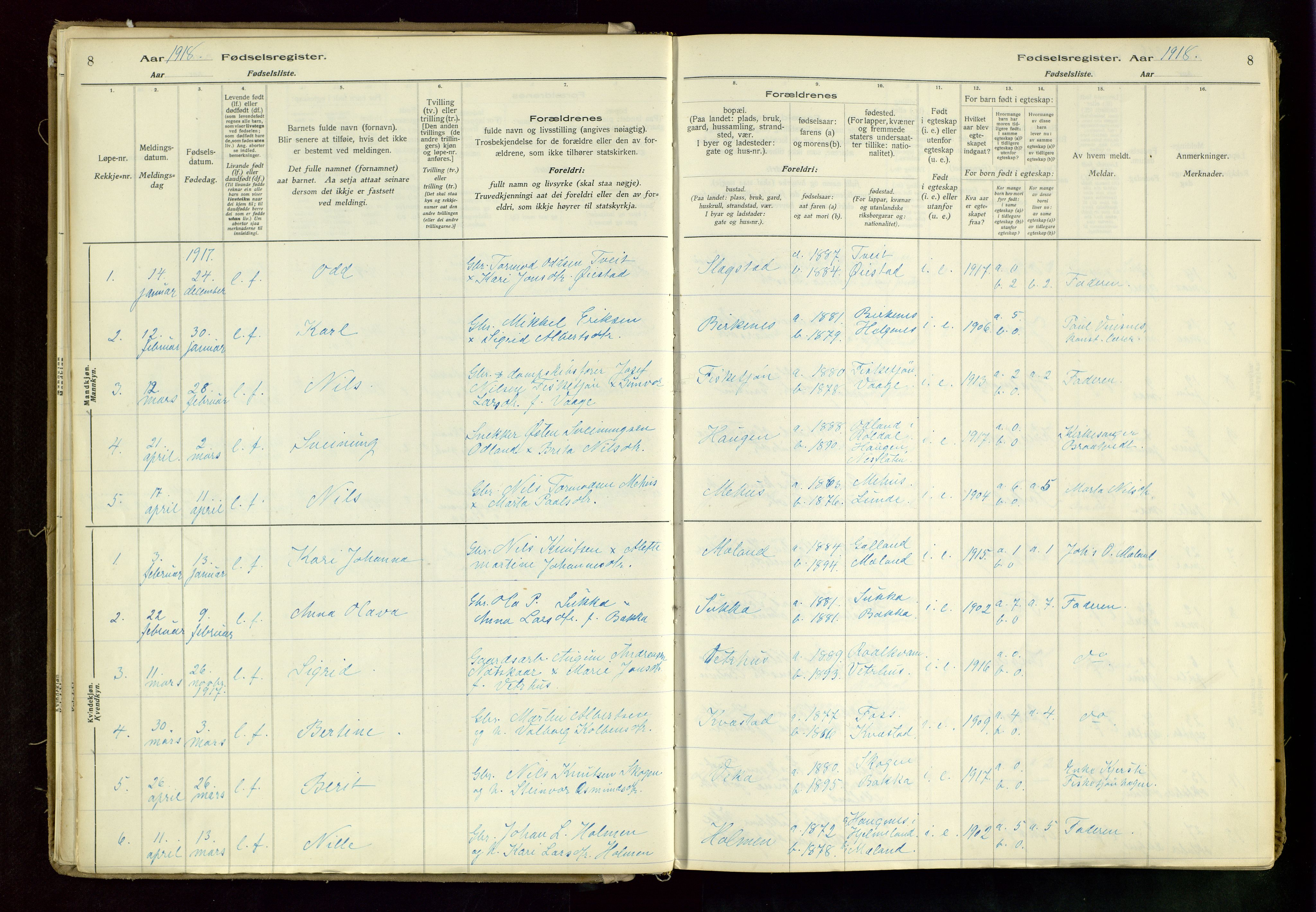 Suldal sokneprestkontor, SAST/A-101845/03/A/L0002: Fødselsregister nr. 2, 1916-1982, s. 8