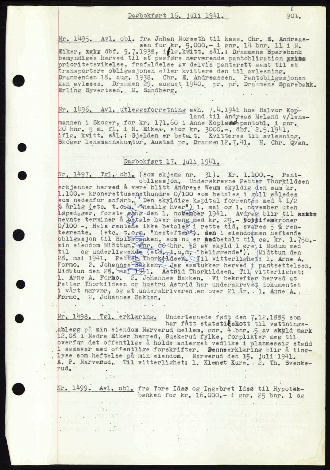 Eiker, Modum og Sigdal sorenskriveri, SAKO/A-123/G/Ga/Gab/L0043: Pantebok nr. A13, 1940-1941, Dagboknr: 1495/1941