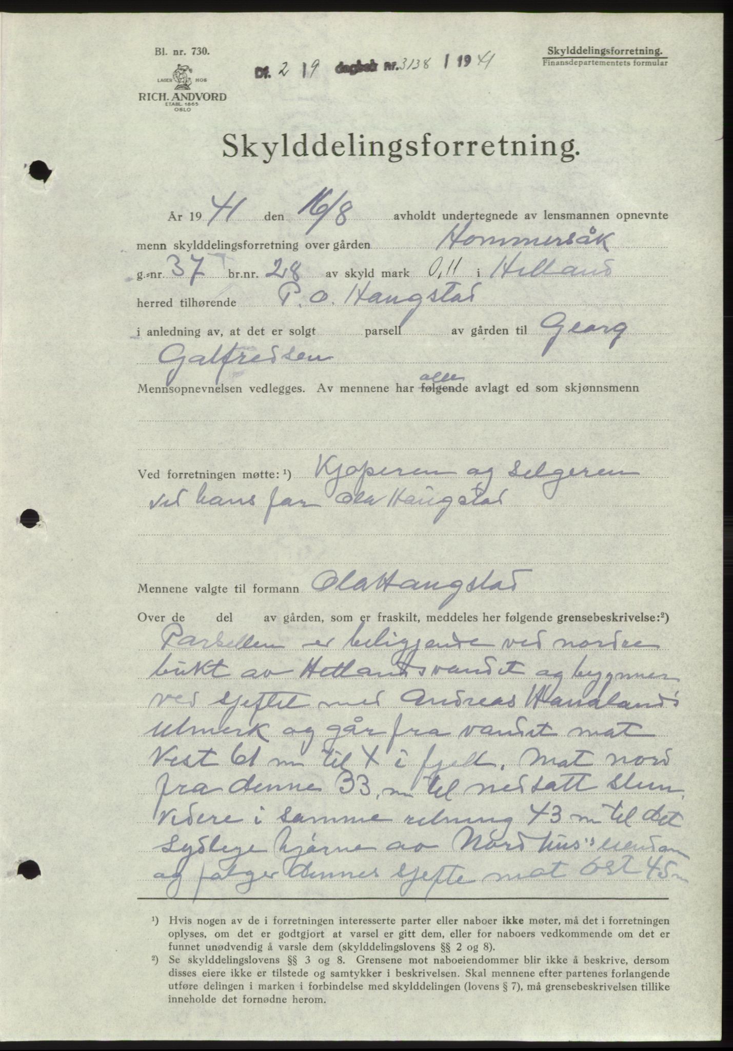 Jæren sorenskriveri, SAST/A-100310/03/G/Gba/L0081: Pantebok, 1941-1941, Dagboknr: 3138/1941