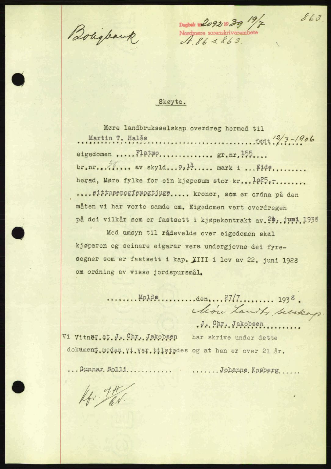 Nordmøre sorenskriveri, SAT/A-4132/1/2/2Ca: Pantebok nr. A86, 1939-1939, Dagboknr: 2092/1939