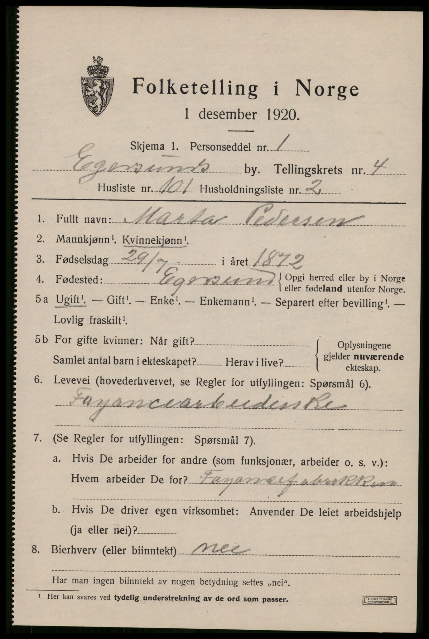 SAST, Folketelling 1920 for 1101 Egersund ladested, 1920, s. 7920