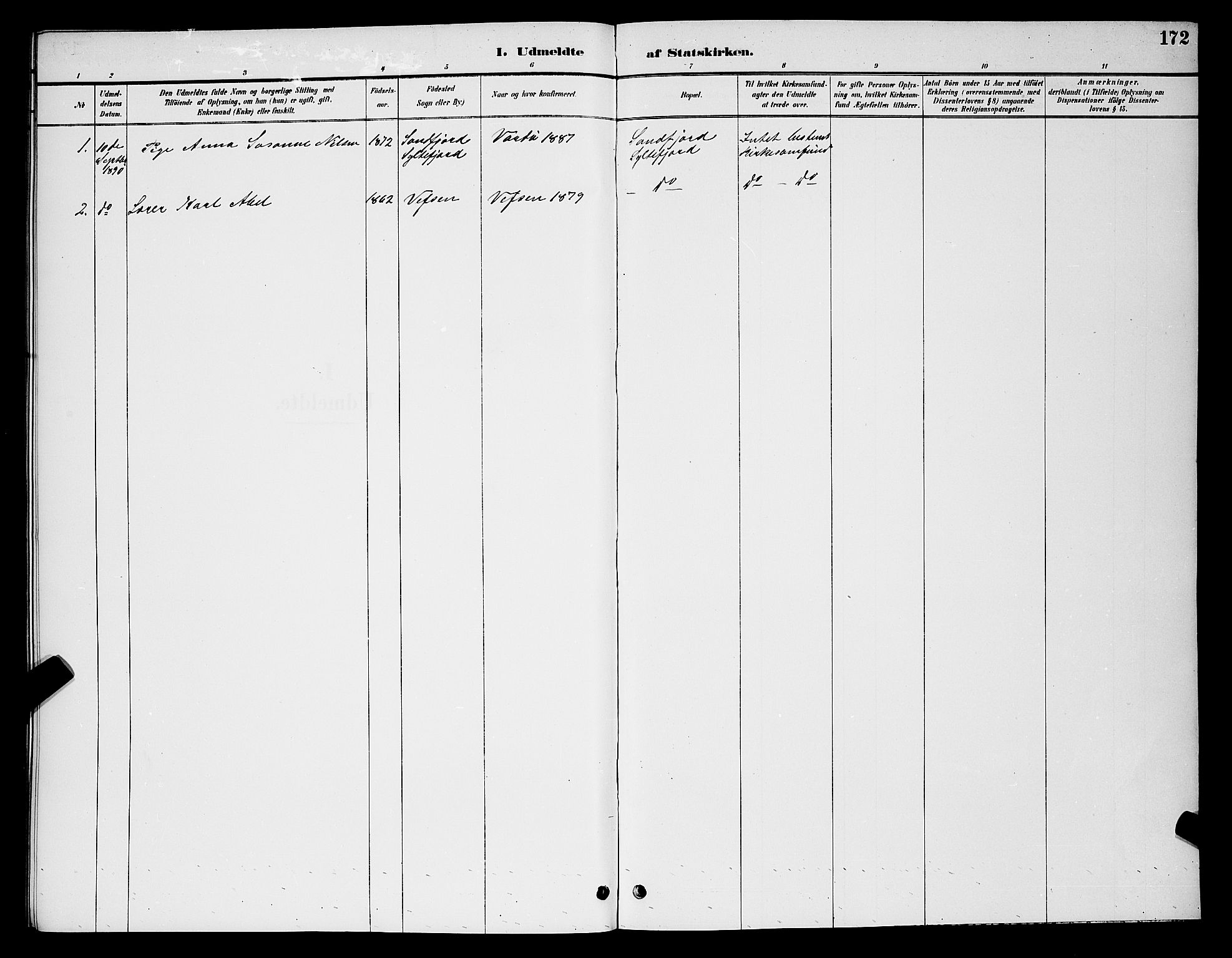 Vardø sokneprestkontor, SATØ/S-1332/H/Hb/L0007klokker: Klokkerbok nr. 7, 1887-1892, s. 172