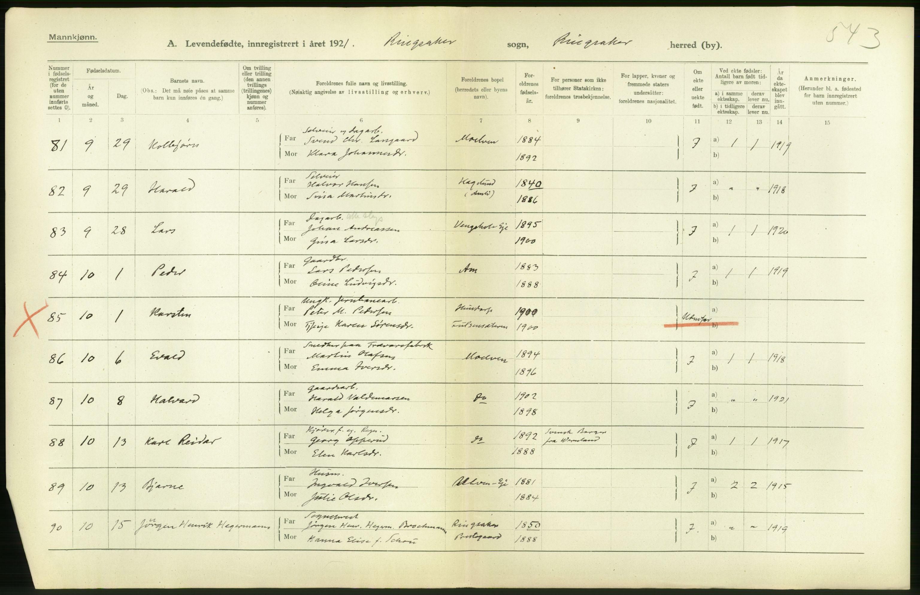 Statistisk sentralbyrå, Sosiodemografiske emner, Befolkning, AV/RA-S-2228/D/Df/Dfc/Dfca/L0014: Hedemark fylke: Levendefødte menn og kvinner. Bygder., 1921, s. 32