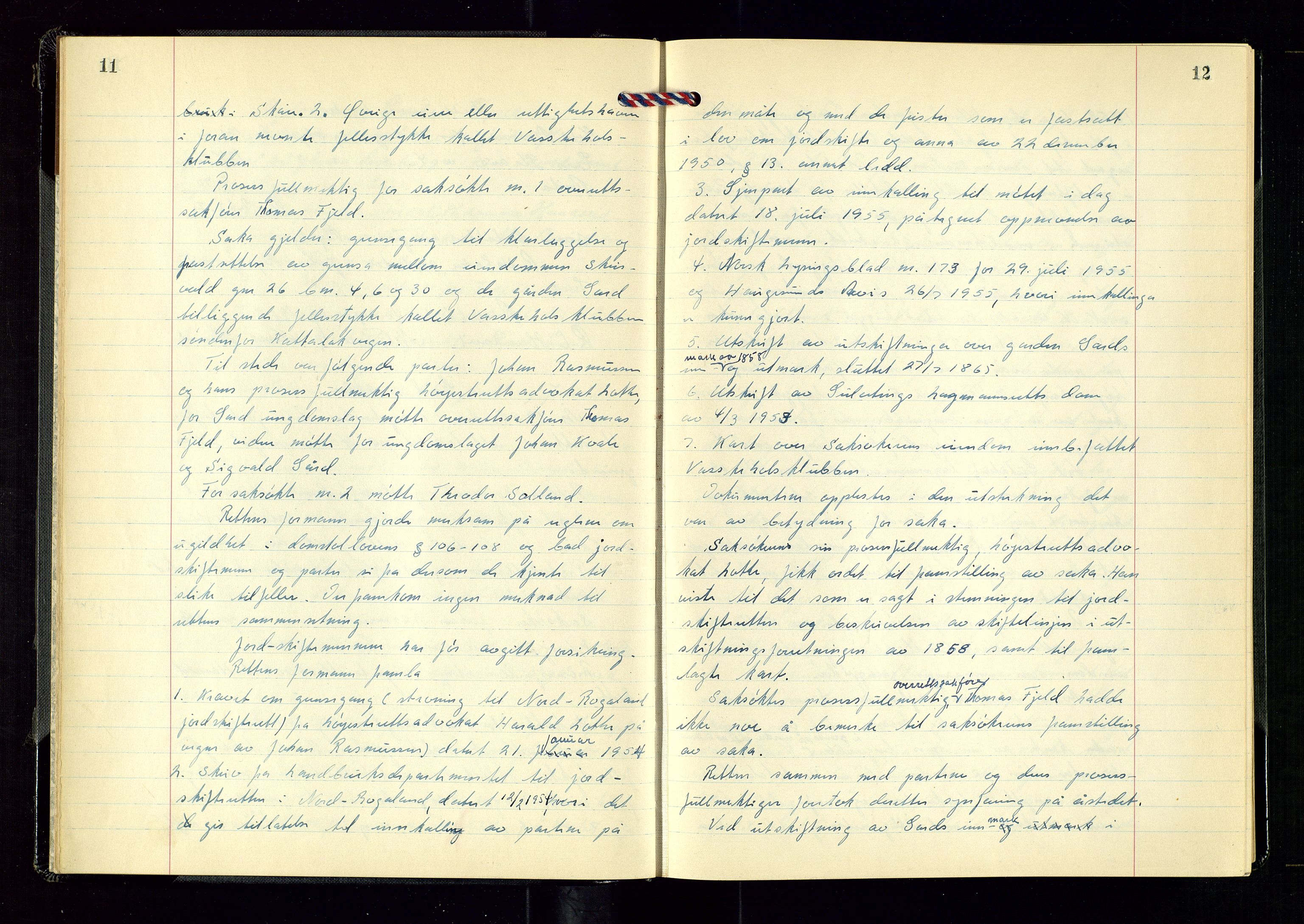 Nord-Rogaland jordskifterett, AV/SAST-A-102427/Oaa/L0006: Jordskifterettsbok nr. 27. Karmsund, 1955-1958, s. 11-12