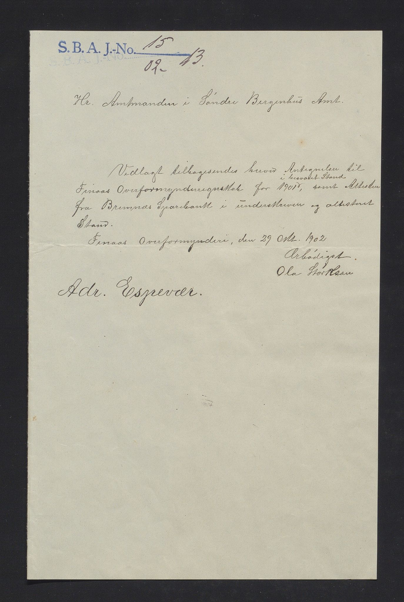 Finnaas kommune. Overformynderiet, IKAH/1218a-812/R/Ra/Raa/L0007/0001: Årlege rekneskap m/vedlegg / Årlege rekneskap m/vedlegg, 1901