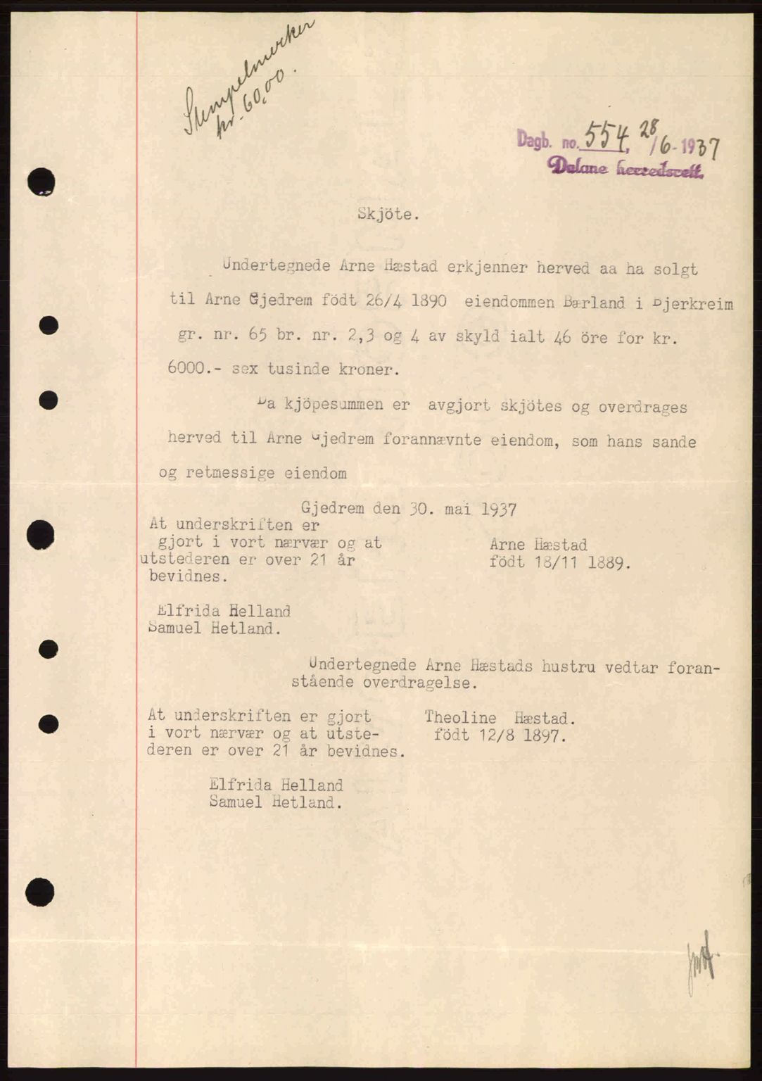 Dalane sorenskriveri, SAST/A-100309/02/G/Gb/L0041: Pantebok nr. A2, 1936-1937, Dagboknr: 554/1937
