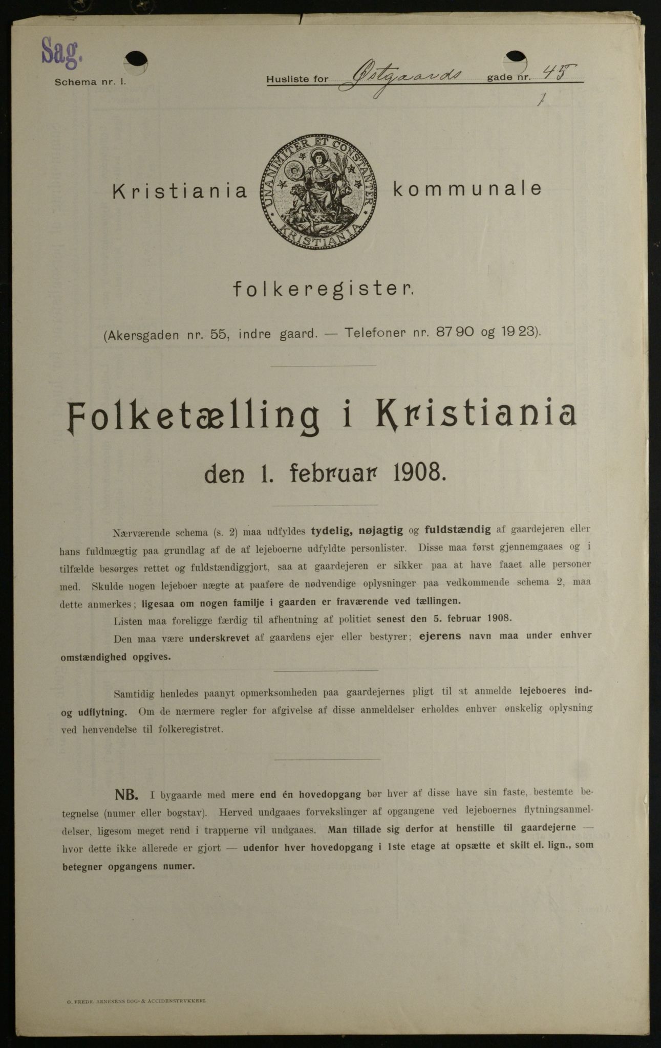 OBA, Kommunal folketelling 1.2.1908 for Kristiania kjøpstad, 1908, s. 116145