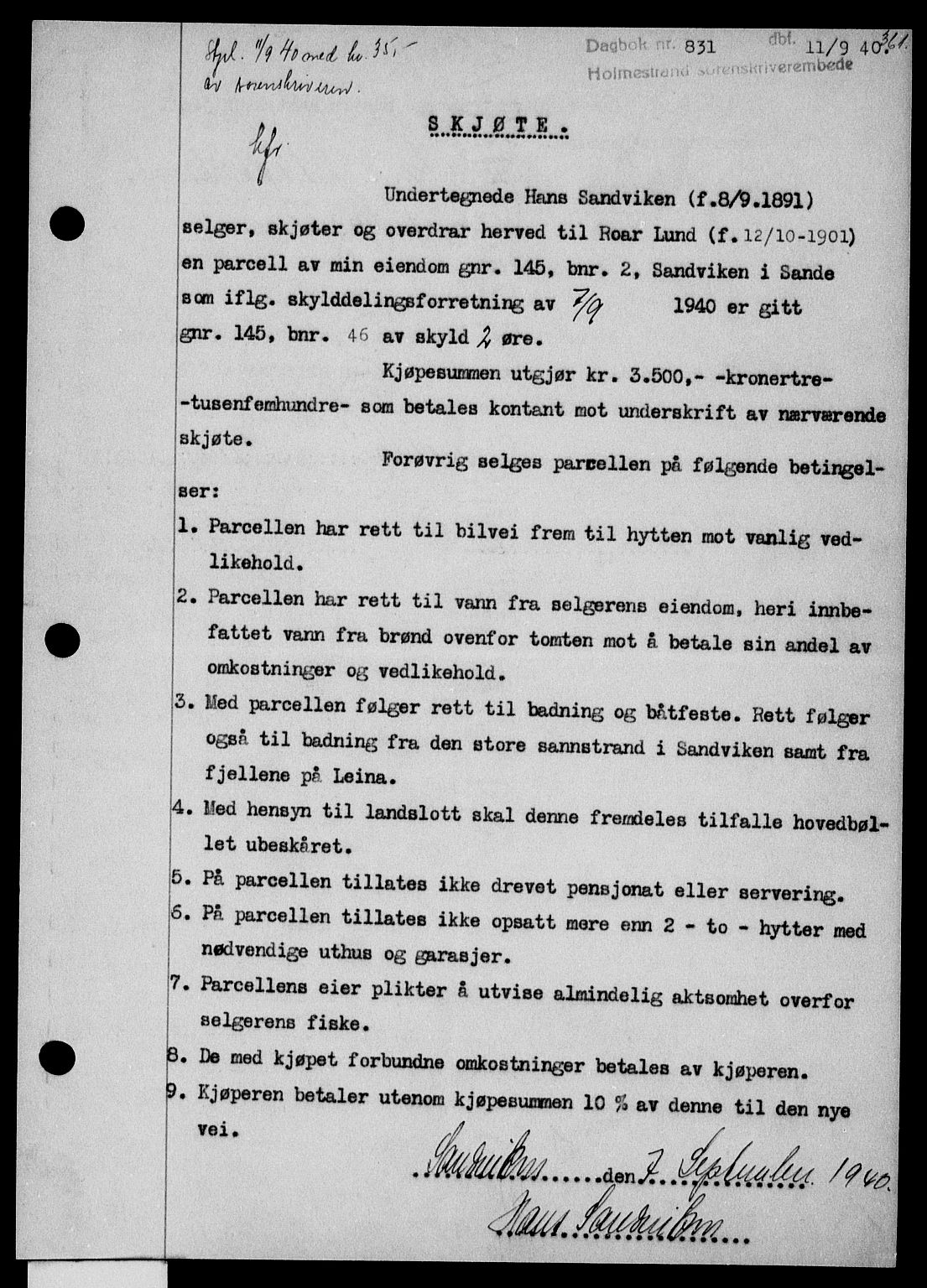 Holmestrand sorenskriveri, SAKO/A-67/G/Ga/Gaa/L0052: Pantebok nr. A-52, 1940-1941, Dagboknr: 831/1940