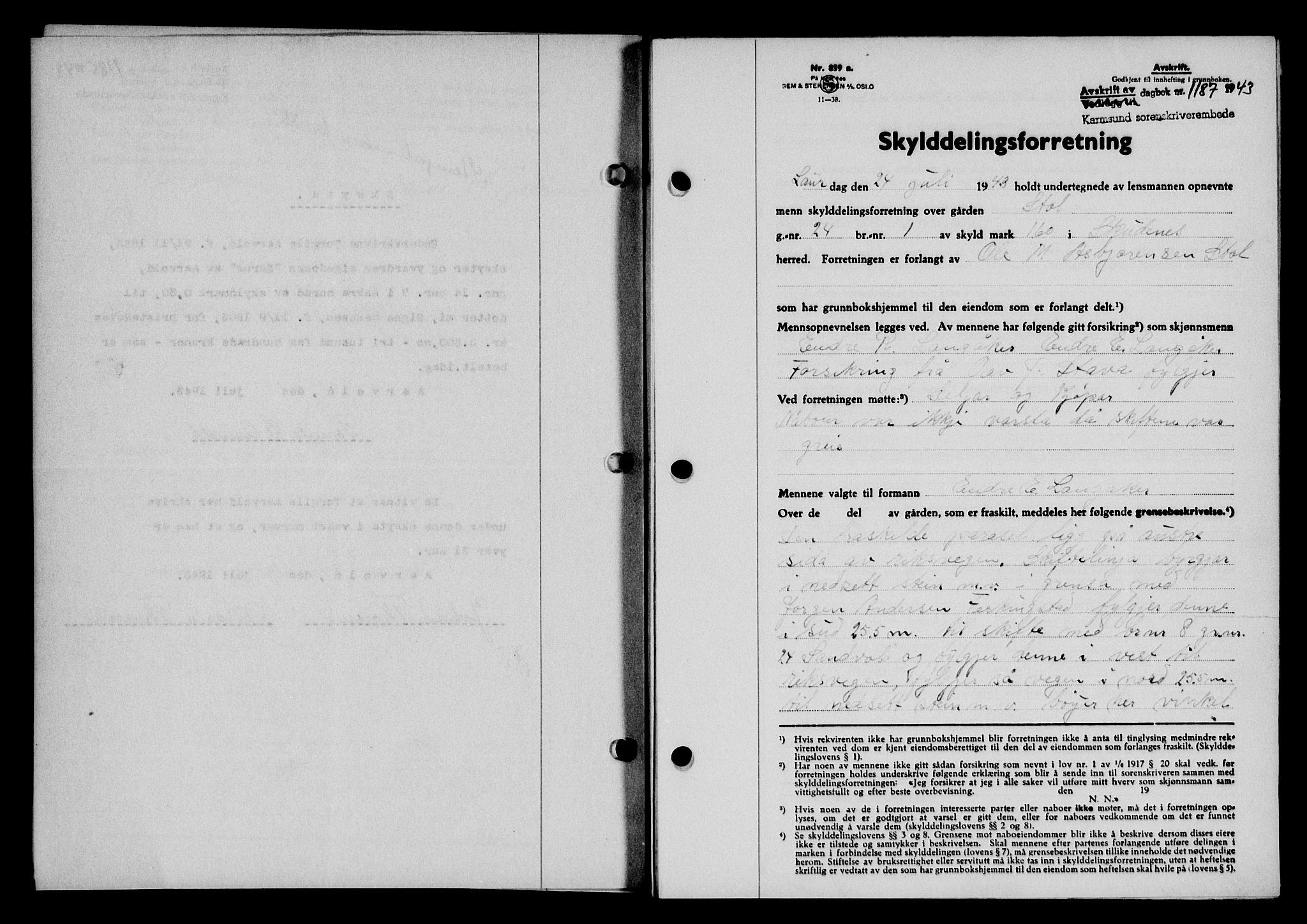 Karmsund sorenskriveri, SAST/A-100311/01/II/IIB/L0080: Pantebok nr. 61A, 1943-1943, Dagboknr: 1187/1943