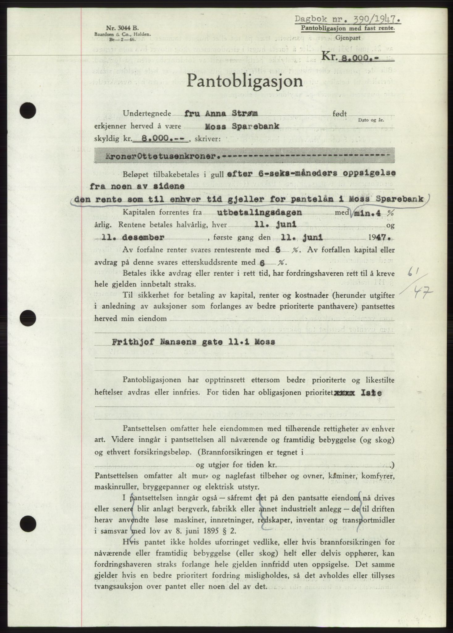 Moss sorenskriveri, SAO/A-10168: Pantebok nr. B16, 1946-1947, Dagboknr: 390/1947