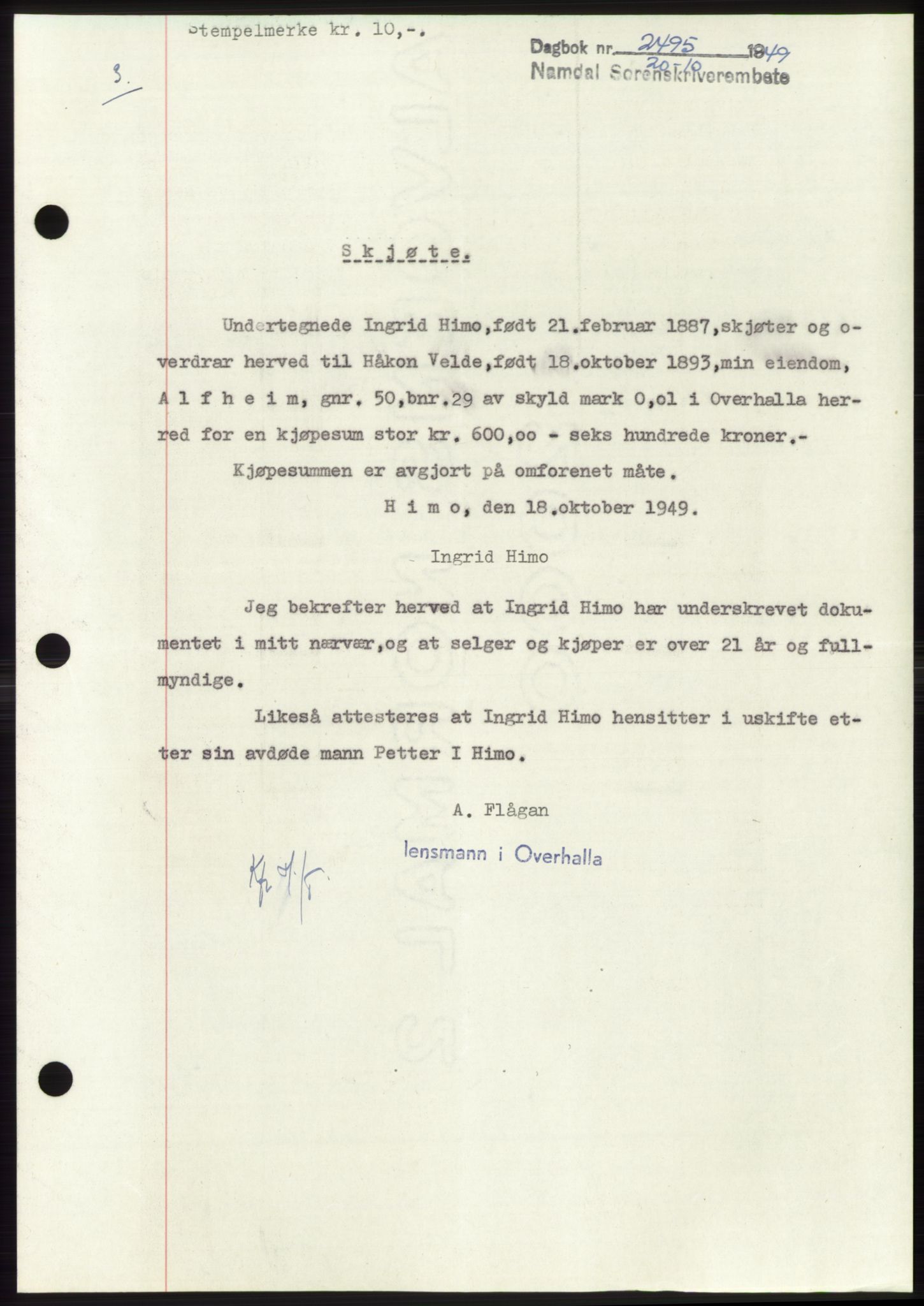 Namdal sorenskriveri, SAT/A-4133/1/2/2C: Pantebok nr. -, 1949-1949, Dagboknr: 2495/1949