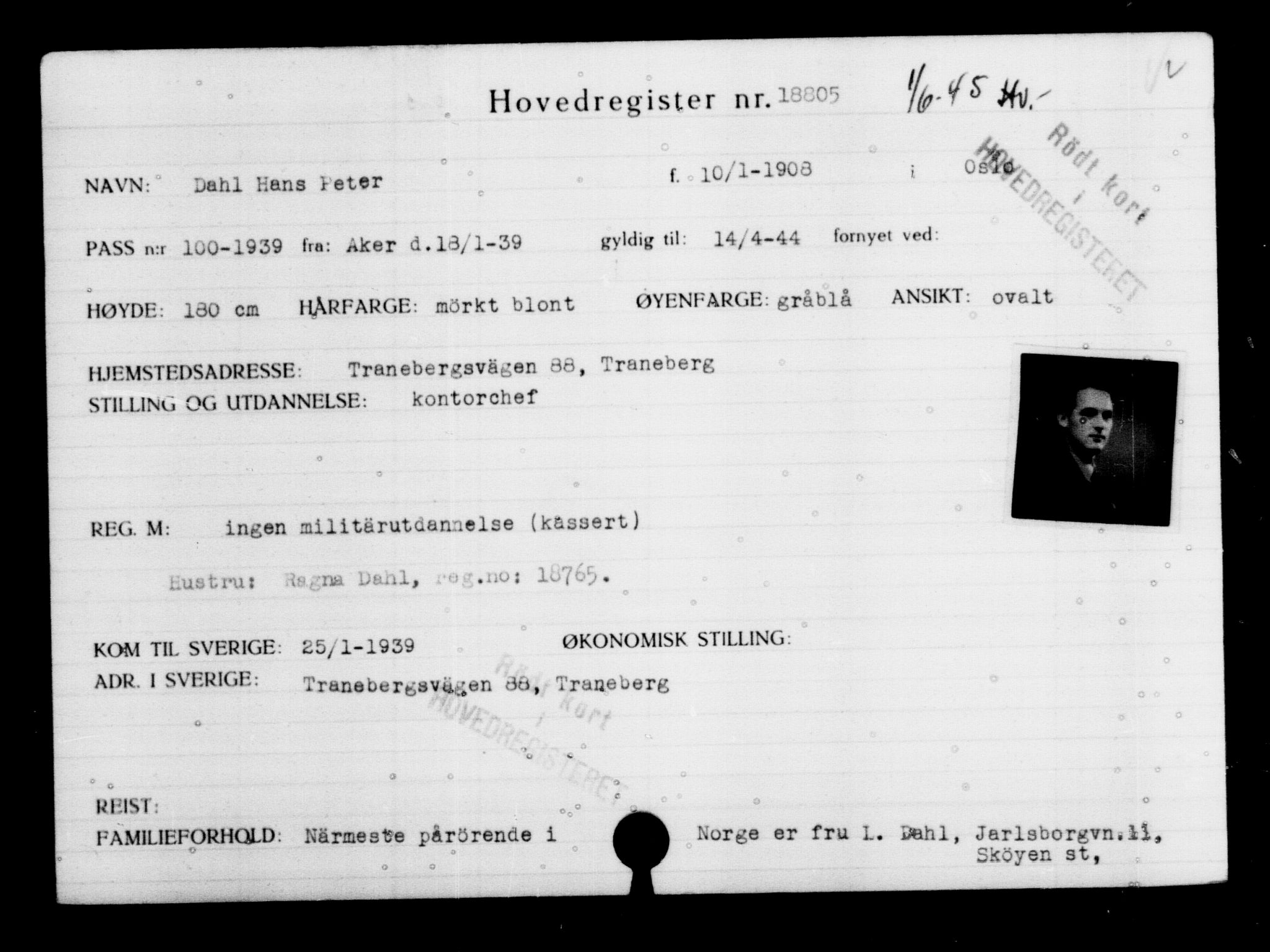 Utenriksstasjonene, Legasjonen i Stockholm, Flyktningkontoret, AV/RA-S-6753/V/Va/L0009: Kjesäterkartoteket, flyktninger med registreringsnr. 18502-22048, 1940-1945, s. 350