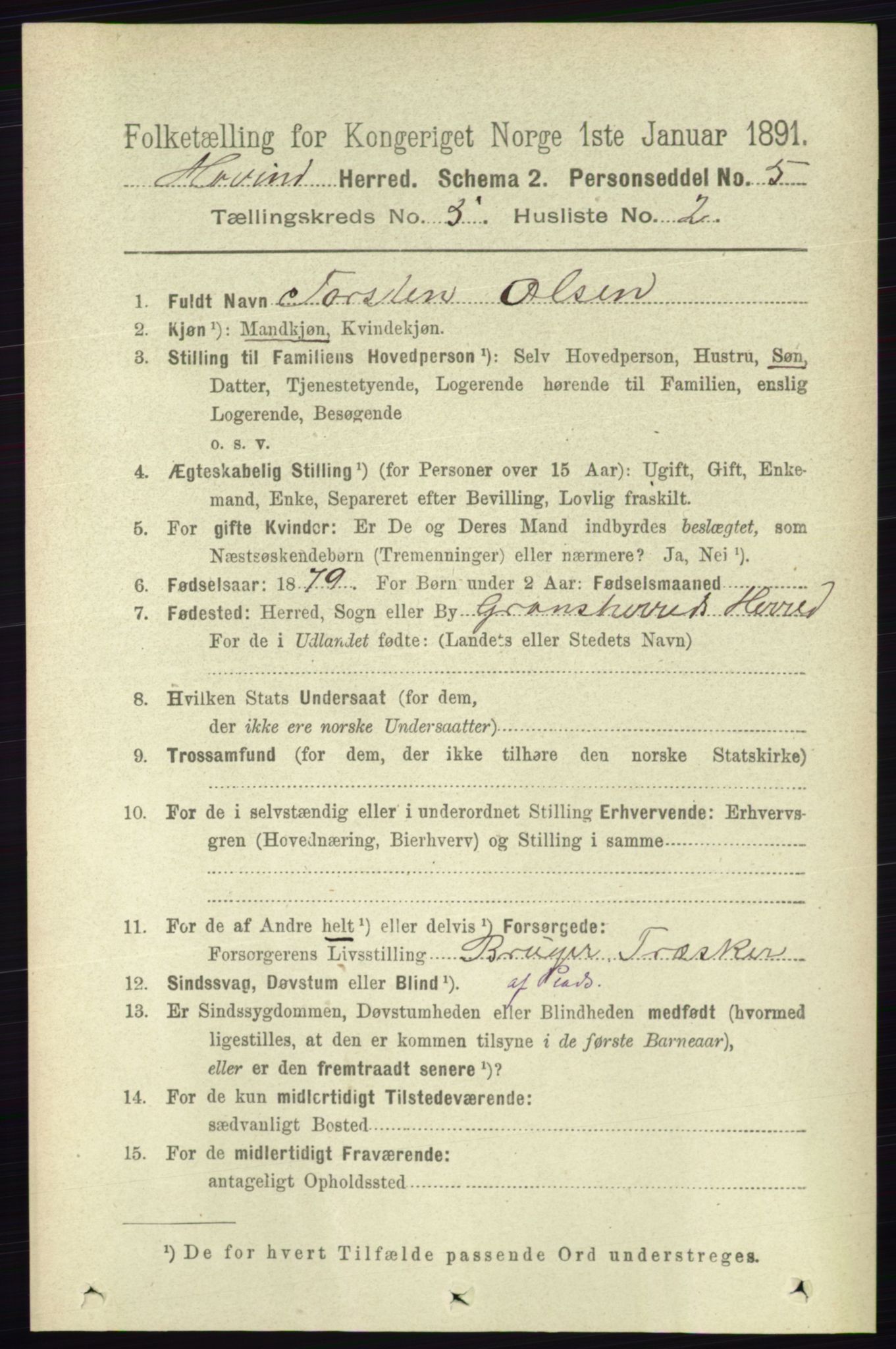 RA, Folketelling 1891 for 0825 Hovin herred, 1891, s. 991