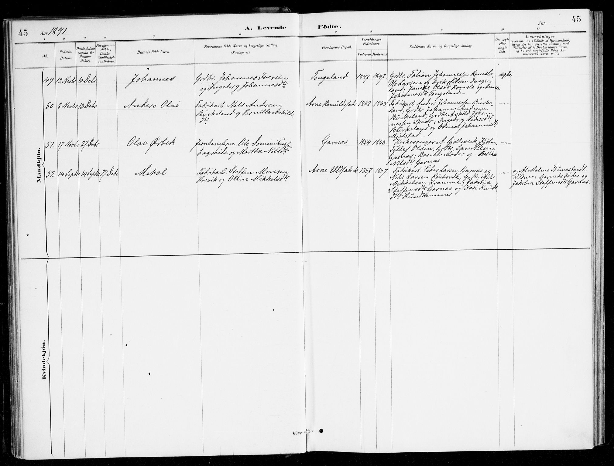 Haus sokneprestembete, AV/SAB-A-75601/H/Haa/Haad/L0001: Ministerialbok nr. D 1, 1887-1898, s. 45