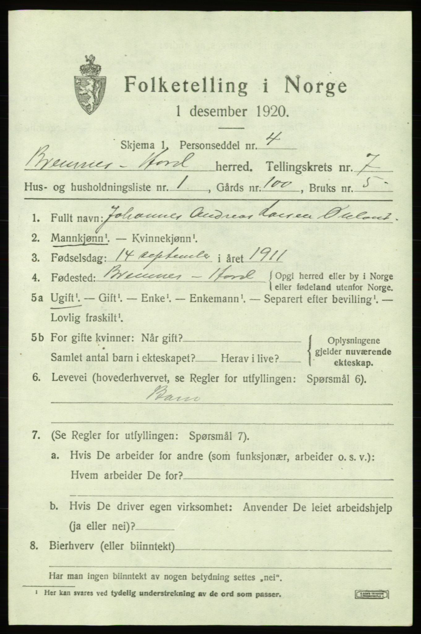 SAB, Folketelling 1920 for 1220 Bremnes herred, 1920, s. 4014