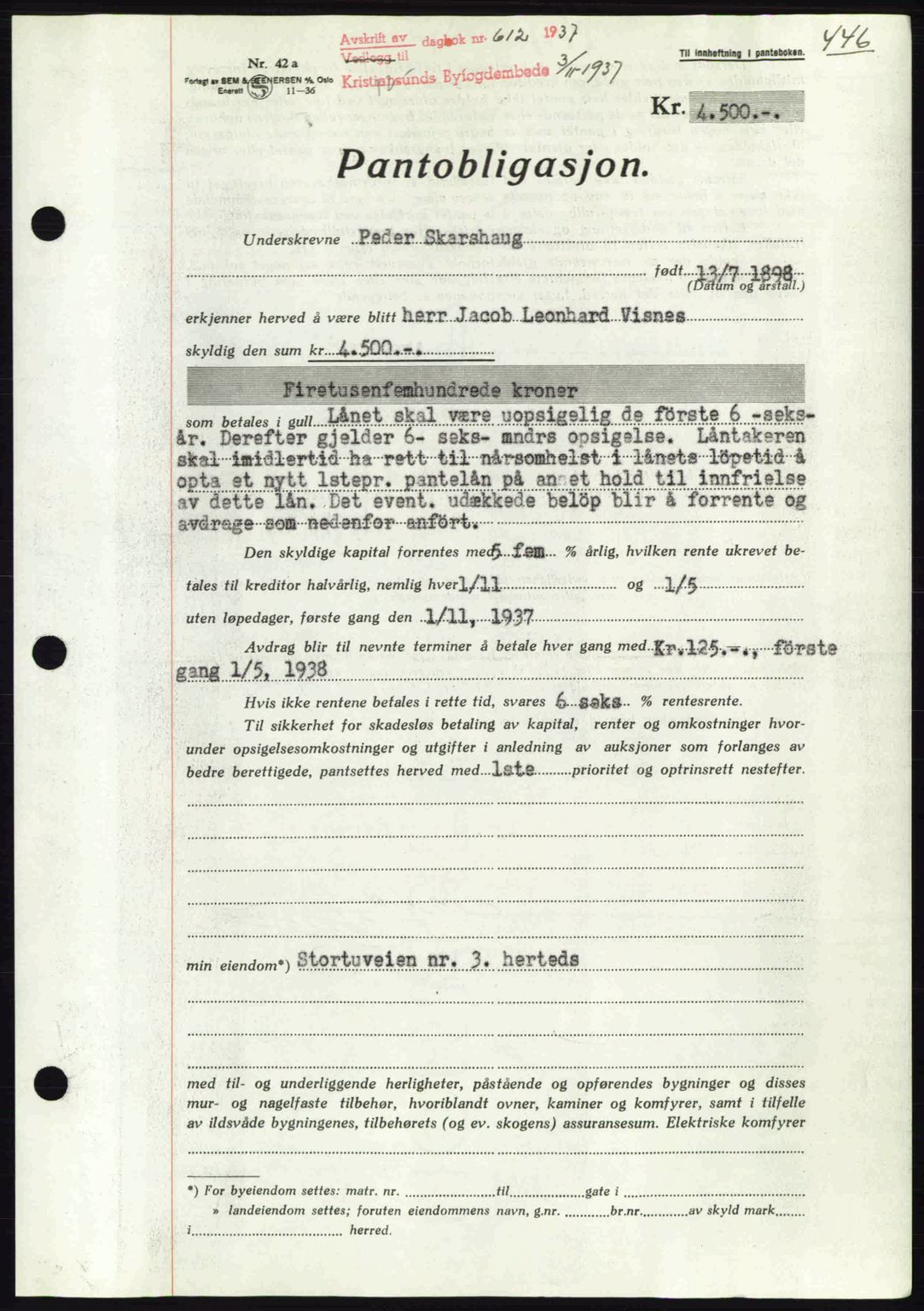 Kristiansund byfogd, AV/SAT-A-4587/A/27: Pantebok nr. 29, 1936-1937, Dagboknr: 612/1937