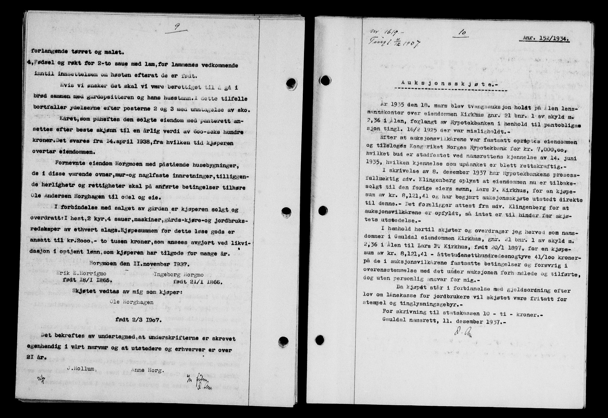 Gauldal sorenskriveri, SAT/A-0014/1/2/2C/L0048: Pantebok nr. 51-52, 1937-1938, s. 9, Dagboknr: 1619/1937