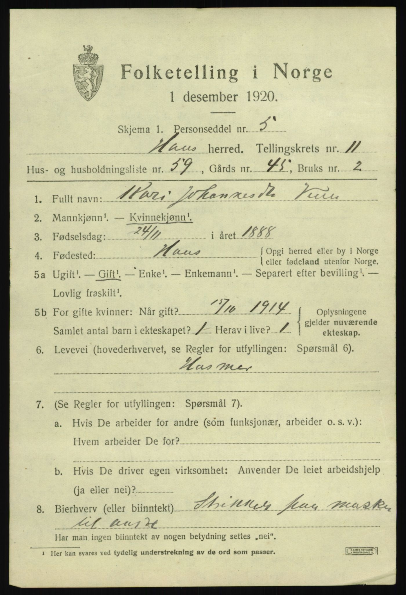 SAB, Folketelling 1920 for 1250 Haus herred, 1920, s. 7425