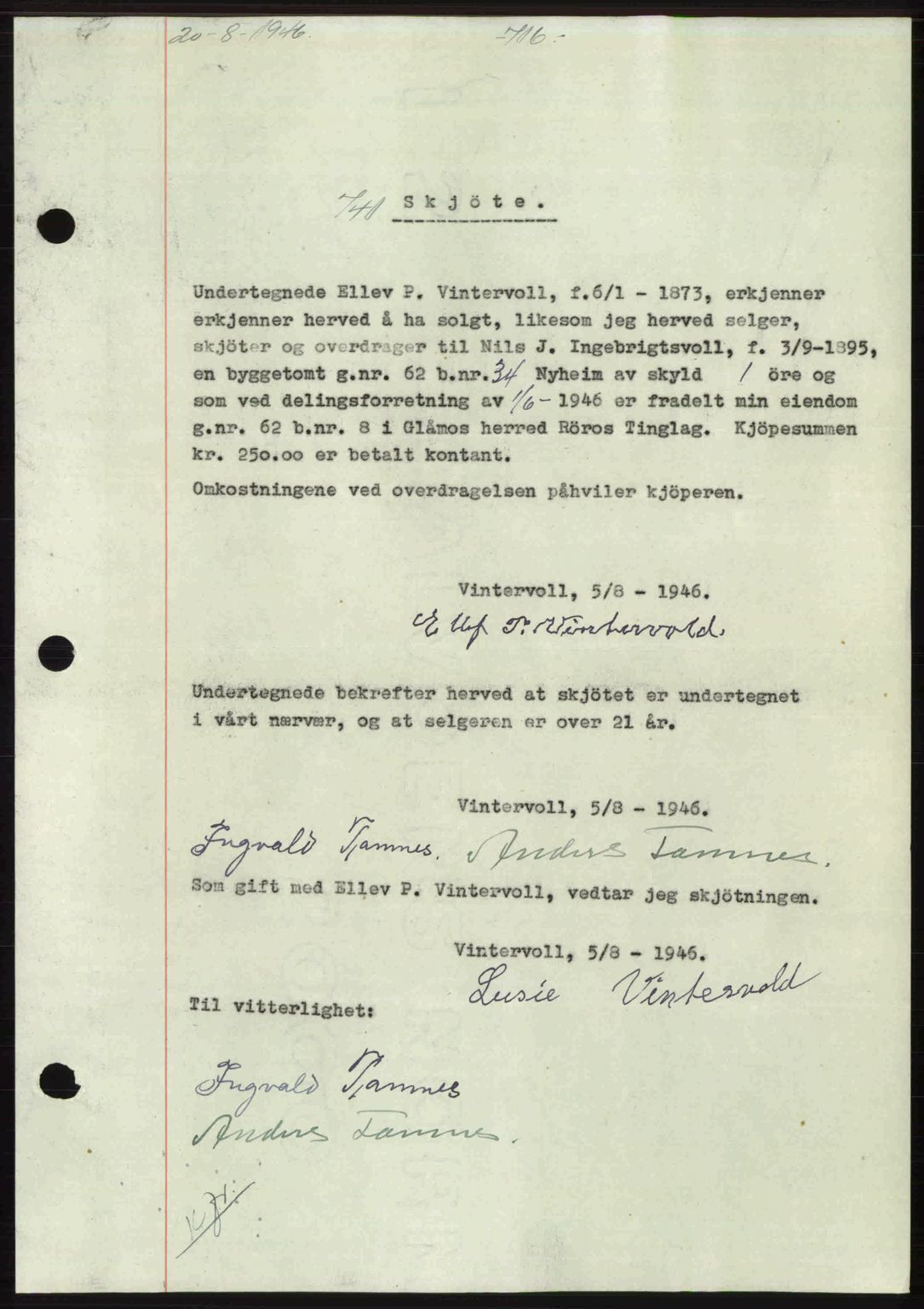 Gauldal sorenskriveri, SAT/A-0014/1/2/2C: Pantebok nr. A2, 1946-1946, Dagboknr: 741/1946