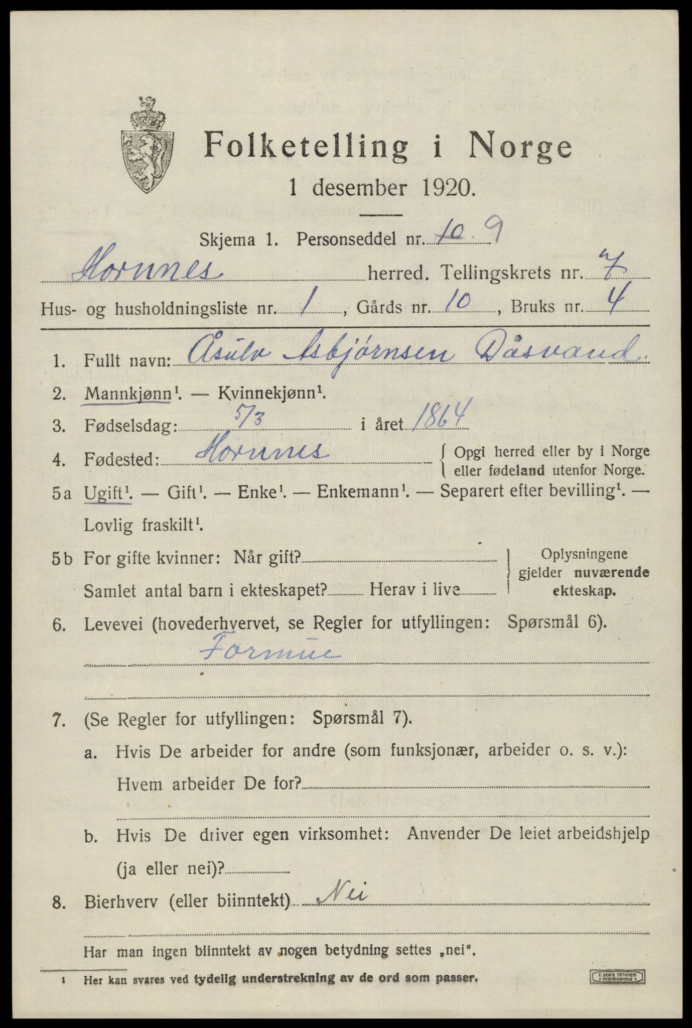 SAK, Folketelling 1920 for 0936 Hornnes herred, 1920, s. 1663