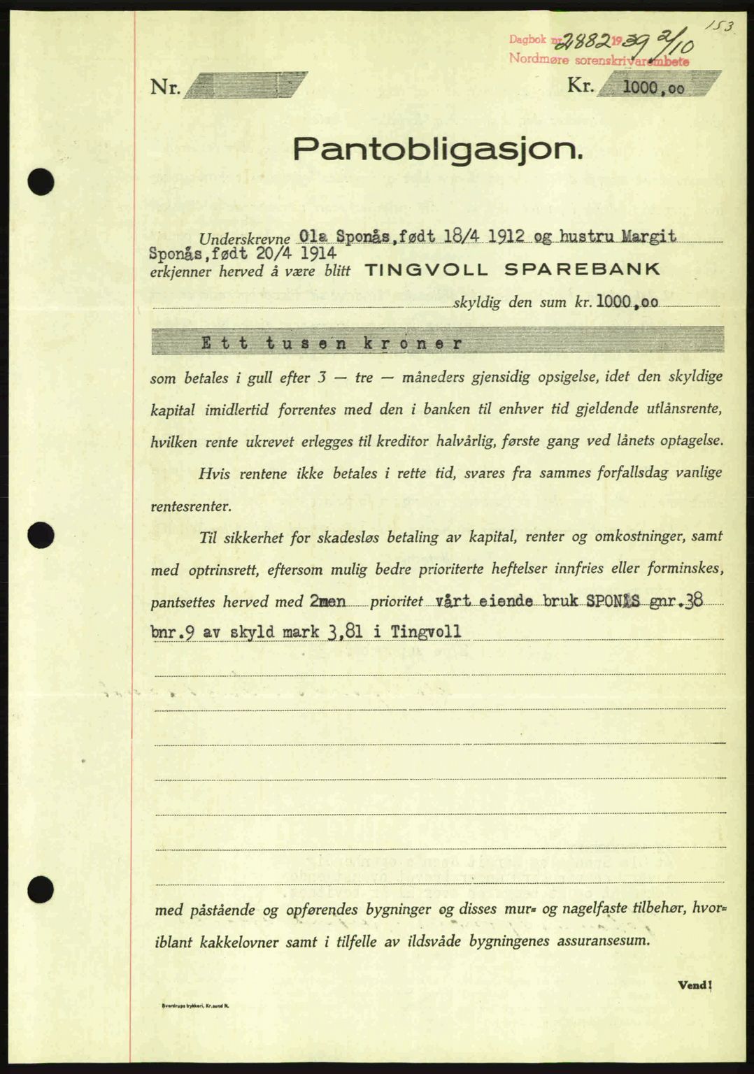 Nordmøre sorenskriveri, AV/SAT-A-4132/1/2/2Ca: Pantebok nr. B86, 1939-1940, Dagboknr: 2882/1939