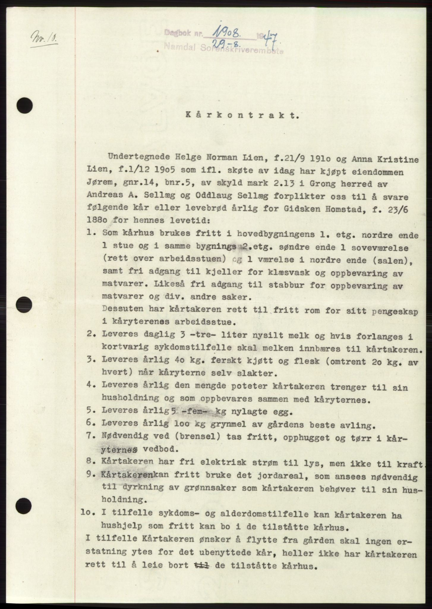 Namdal sorenskriveri, SAT/A-4133/1/2/2C: Pantebok nr. -, 1947-1947, Dagboknr: 1908/1947