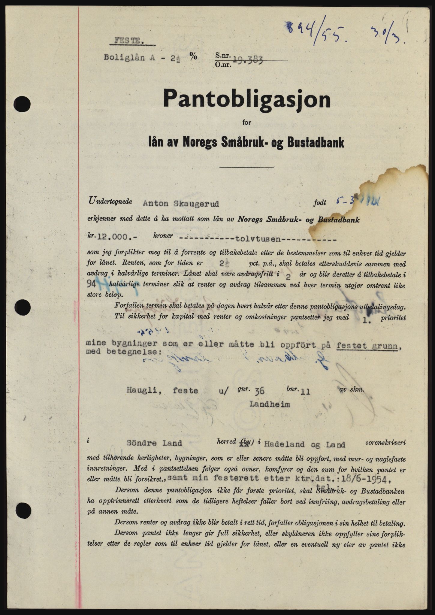 Hadeland og Land tingrett, SAH/TING-010/H/Hb/Hbc/L0032: Pantebok nr. B32, 1955-1955, Dagboknr: 894/1955